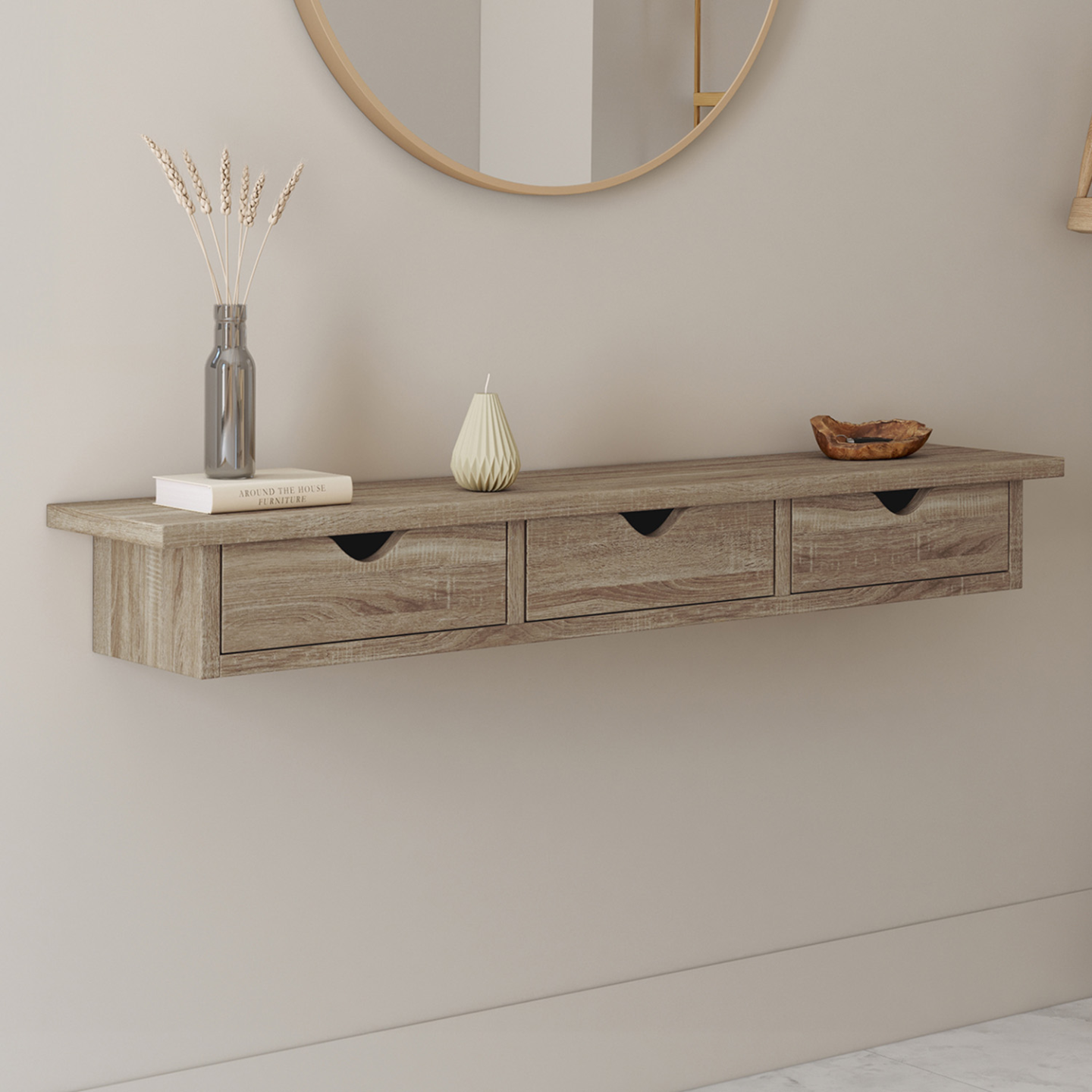 IDMARKET - Etagère murale console d'entrée LISE 3 tiroirs façon hêtre - Image 1