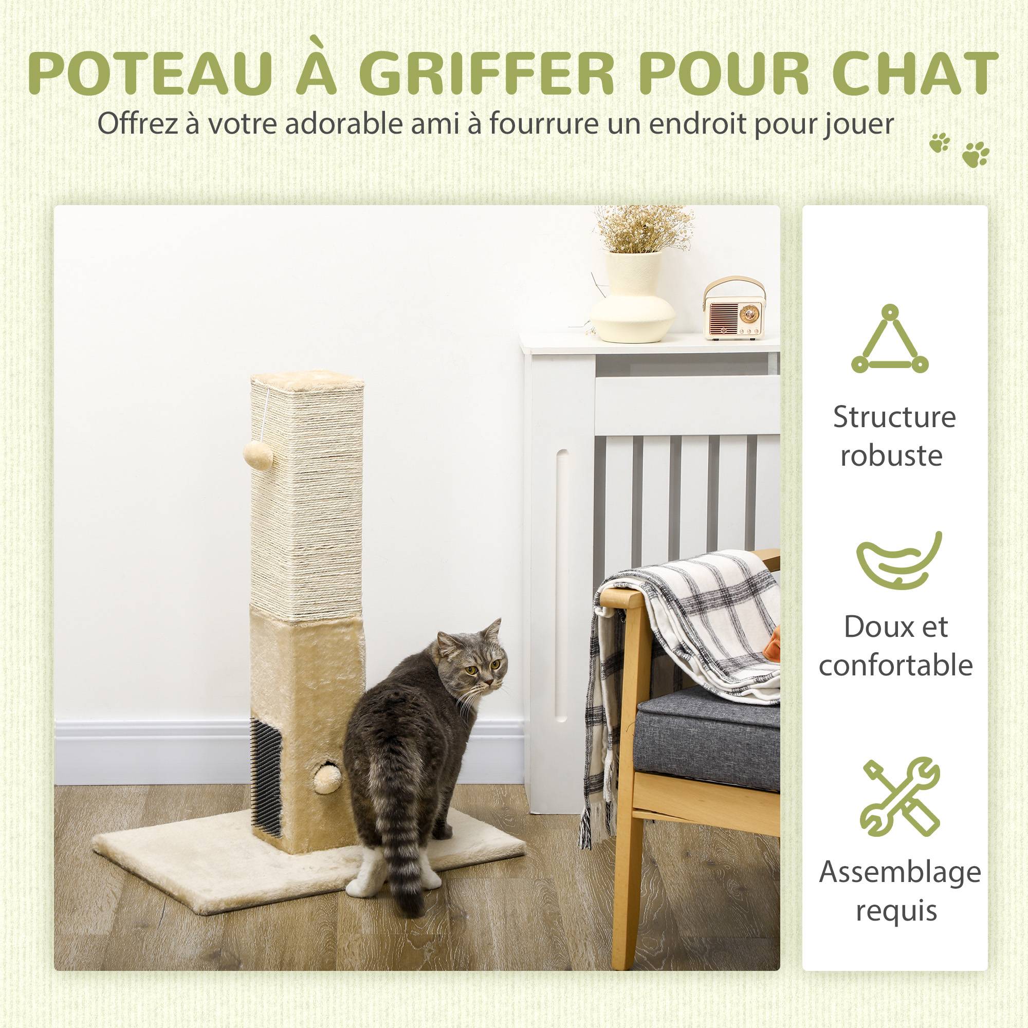 Poteau à gratter chat jute peluche balles jouet brosses toilettage 59x79cm beige - ComfortXL Outdoor Living - Image 6