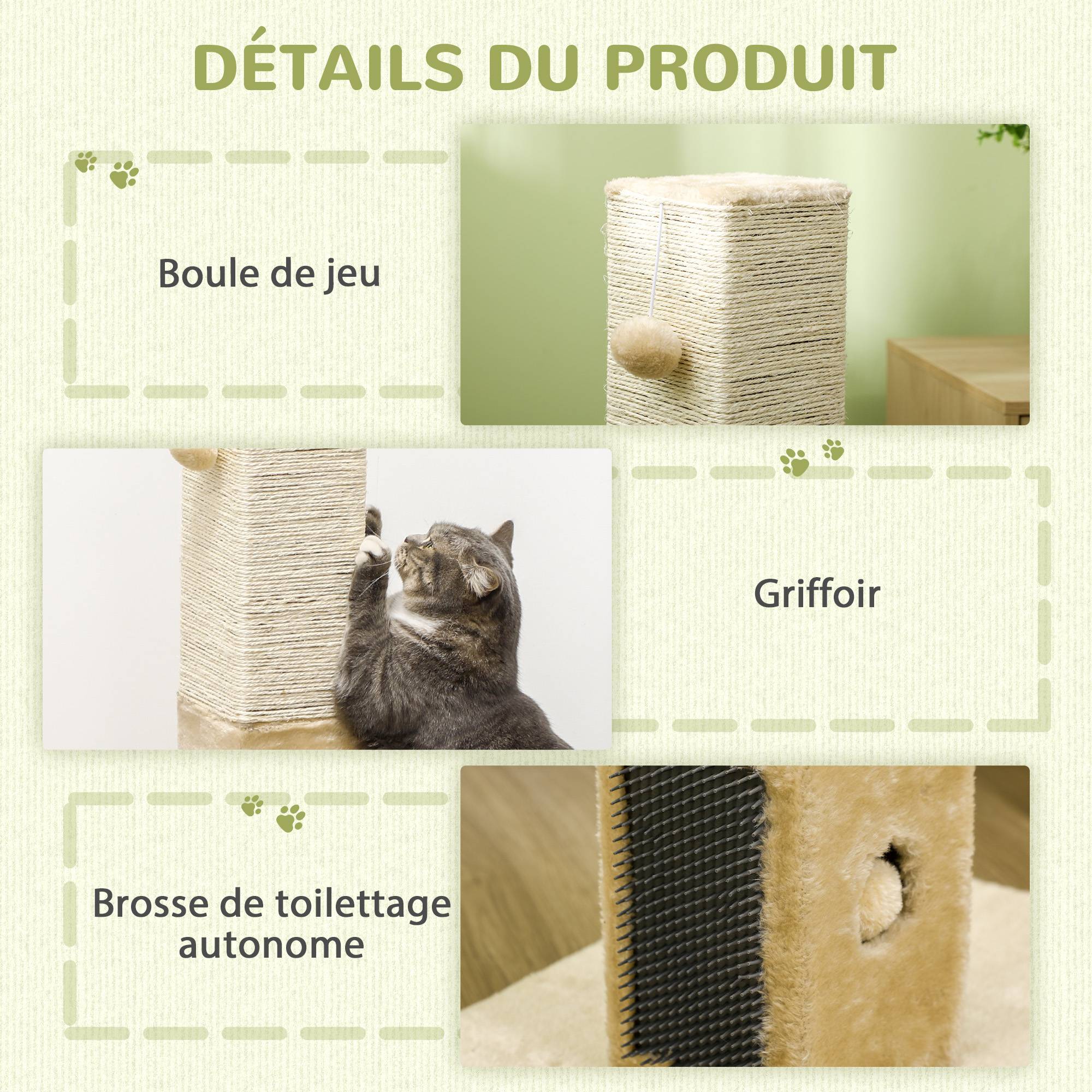 Poteau à gratter chat jute peluche balles jouet brosses toilettage 59x79cm beige - ComfortXL Outdoor Living - Image 7
