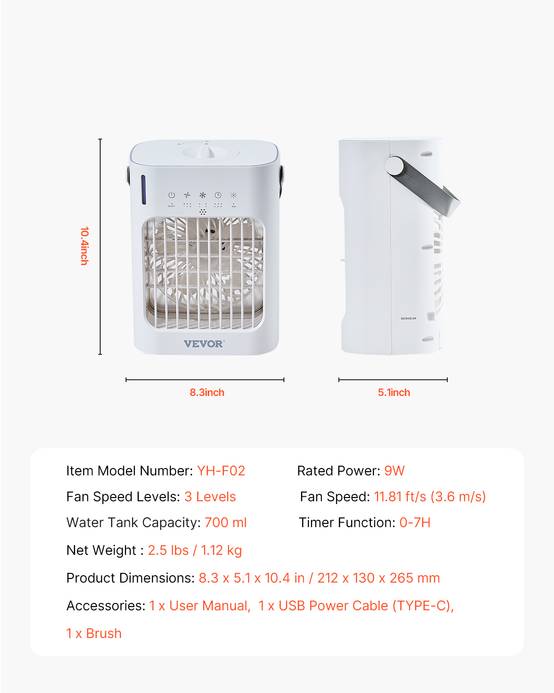 VEVOR Climatiseur portable 4-en-1, refroidisseur évaporation, réservoir 700 mL. 3 vitesses, 7 couleurs. - Image 7