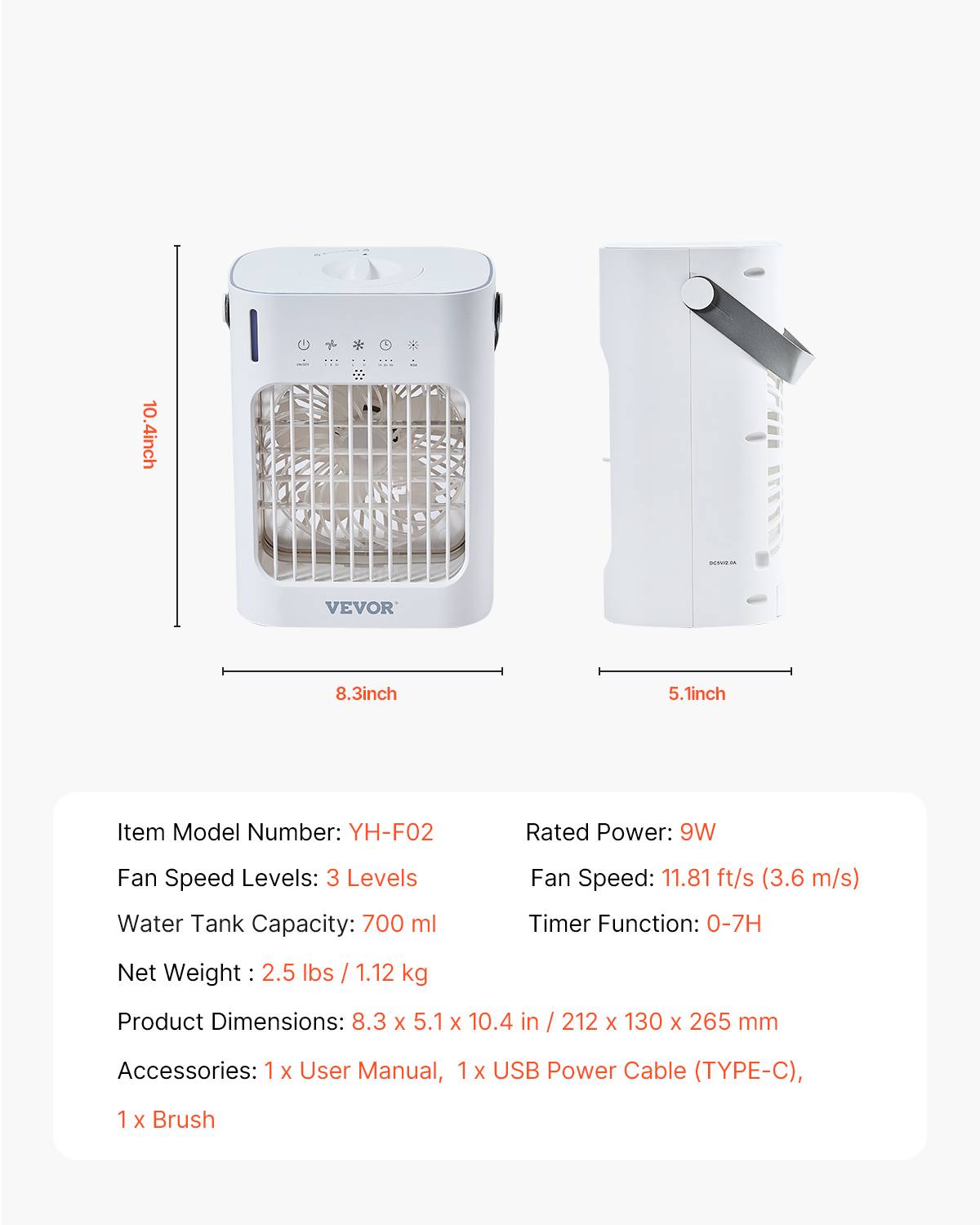VEVOR Climatiseur portable 4-en-1, refroidisseur évaporation, réservoir 700 mL. 3 vitesses, 7 couleurs. - Image 7