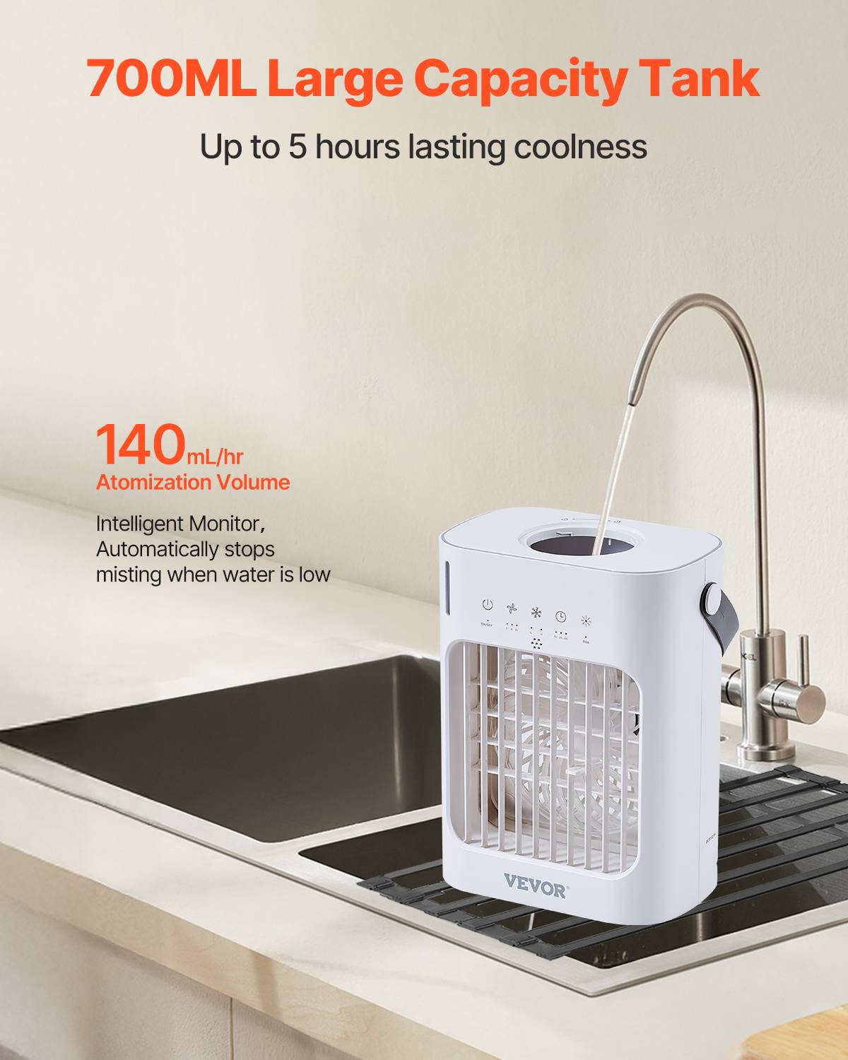 VEVOR Climatiseur portable 4-en-1, refroidisseur évaporation, réservoir 700 mL. 3 vitesses, 7 couleurs. - Image 3