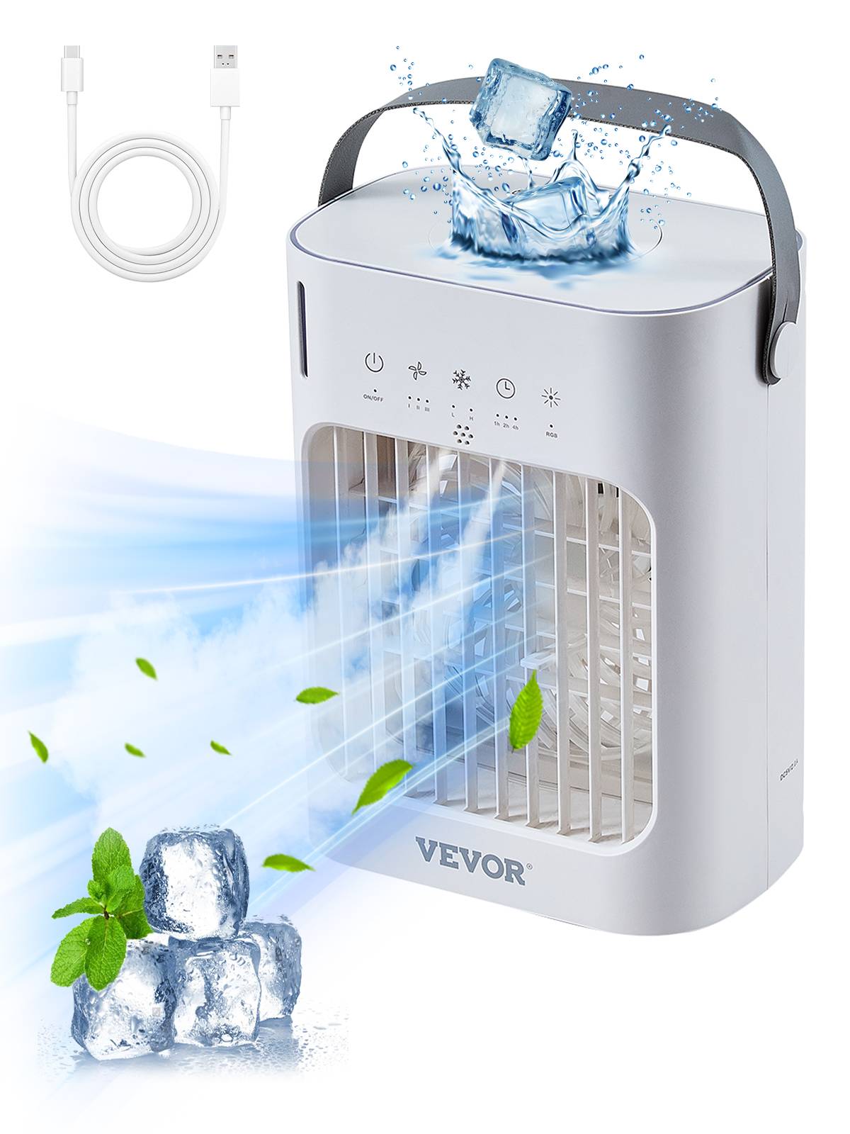 VEVOR Climatiseur portable 4-en-1, refroidisseur évaporation, réservoir 700 mL. 3 vitesses, 7 couleurs. - Image 1