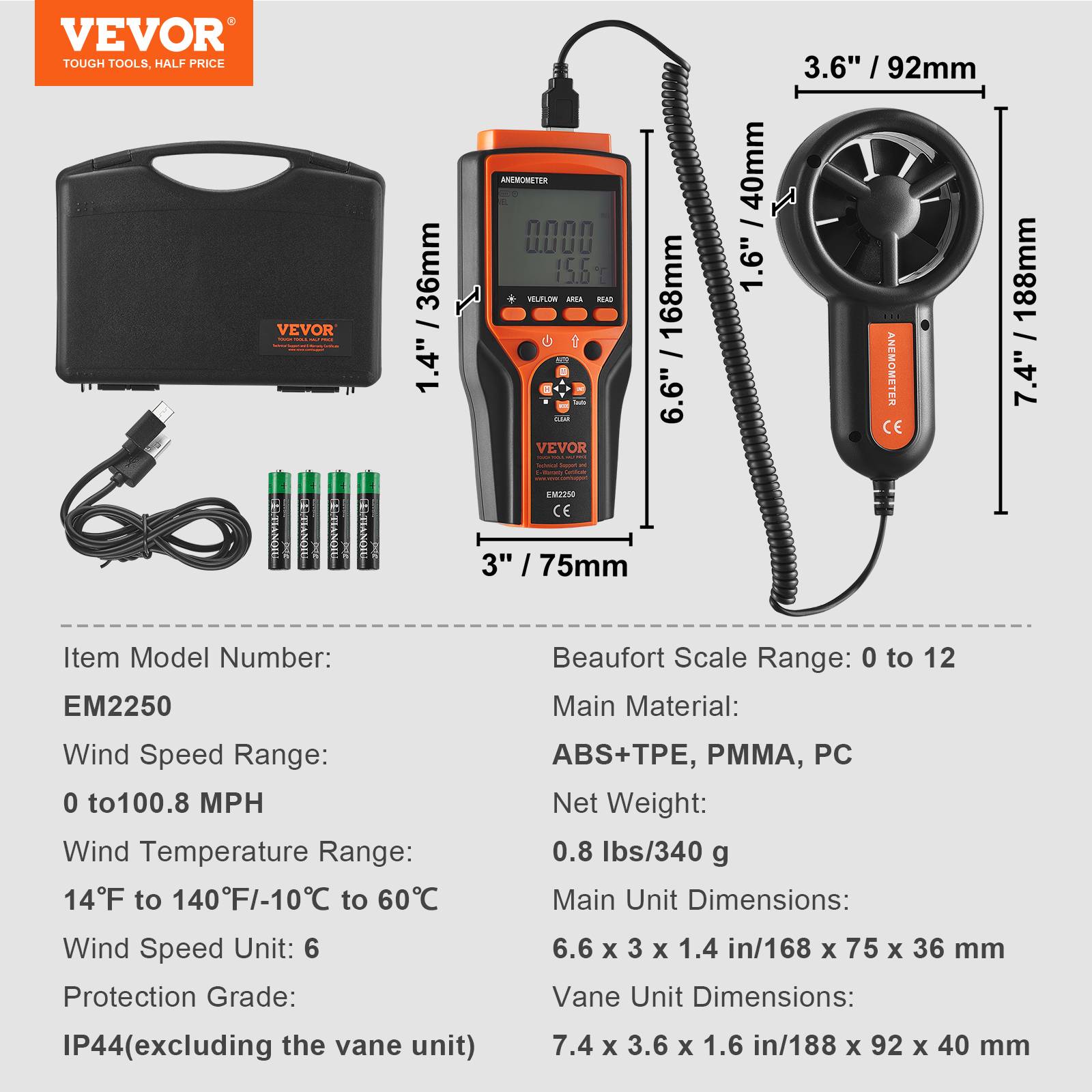 VEVOR Anémomètre portable -10 à 60 °C, mesure vitesse vent CFM. Pour voile, drone, CVC. - Image 7