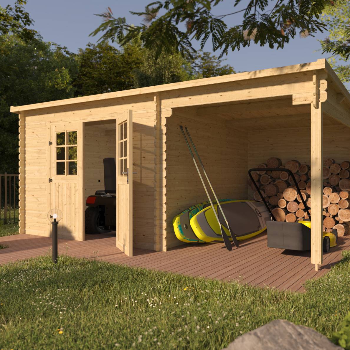 Eden Partenaire Jardin - Abri de jardin en bois mono pente de 7.5m² et auvent de 6m²