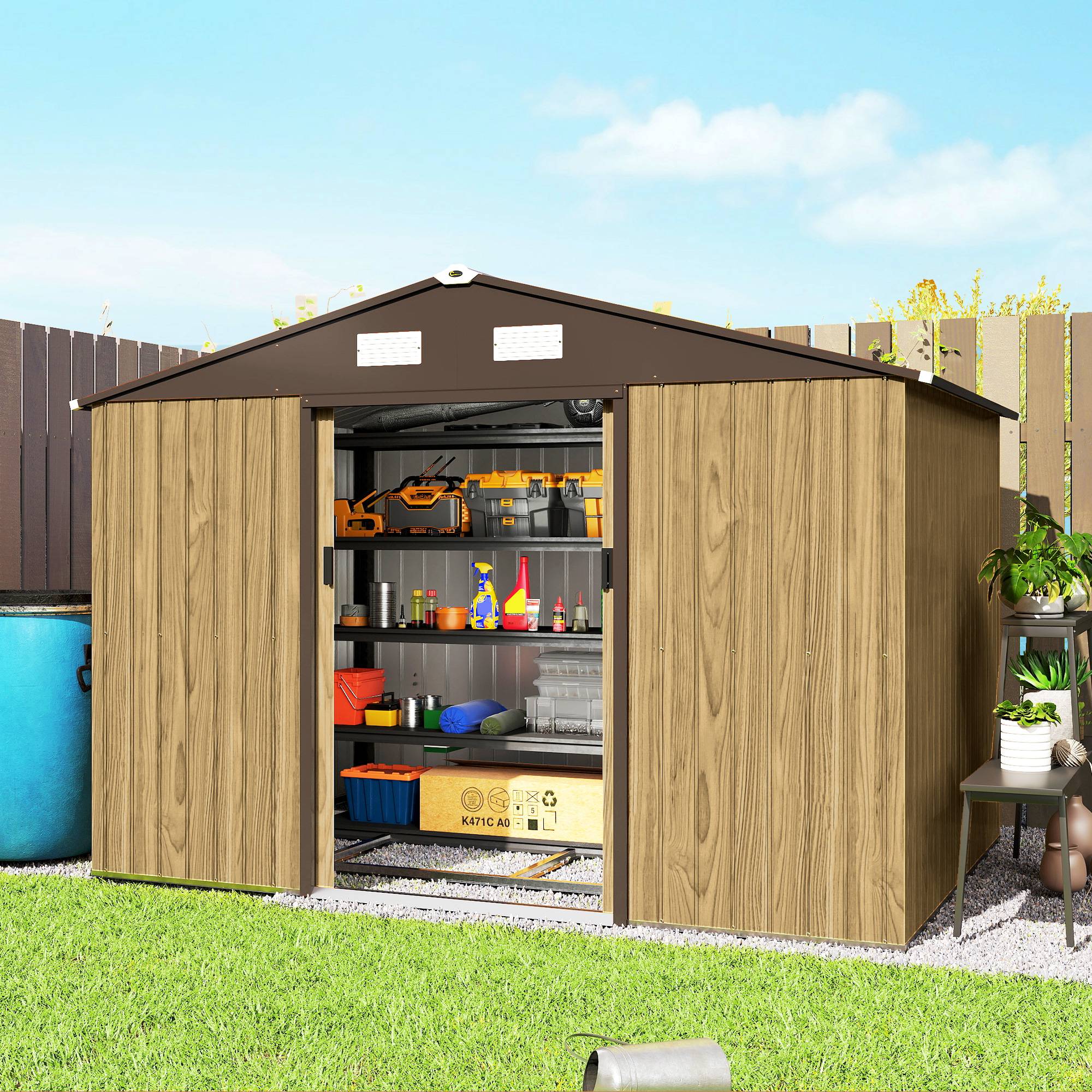 Abri de jardin extérieur 4,9 m² (277 x 195 x 192 cm) avec porte coulissante, ventilation et kit de fondation, couleur marron. - Image 4