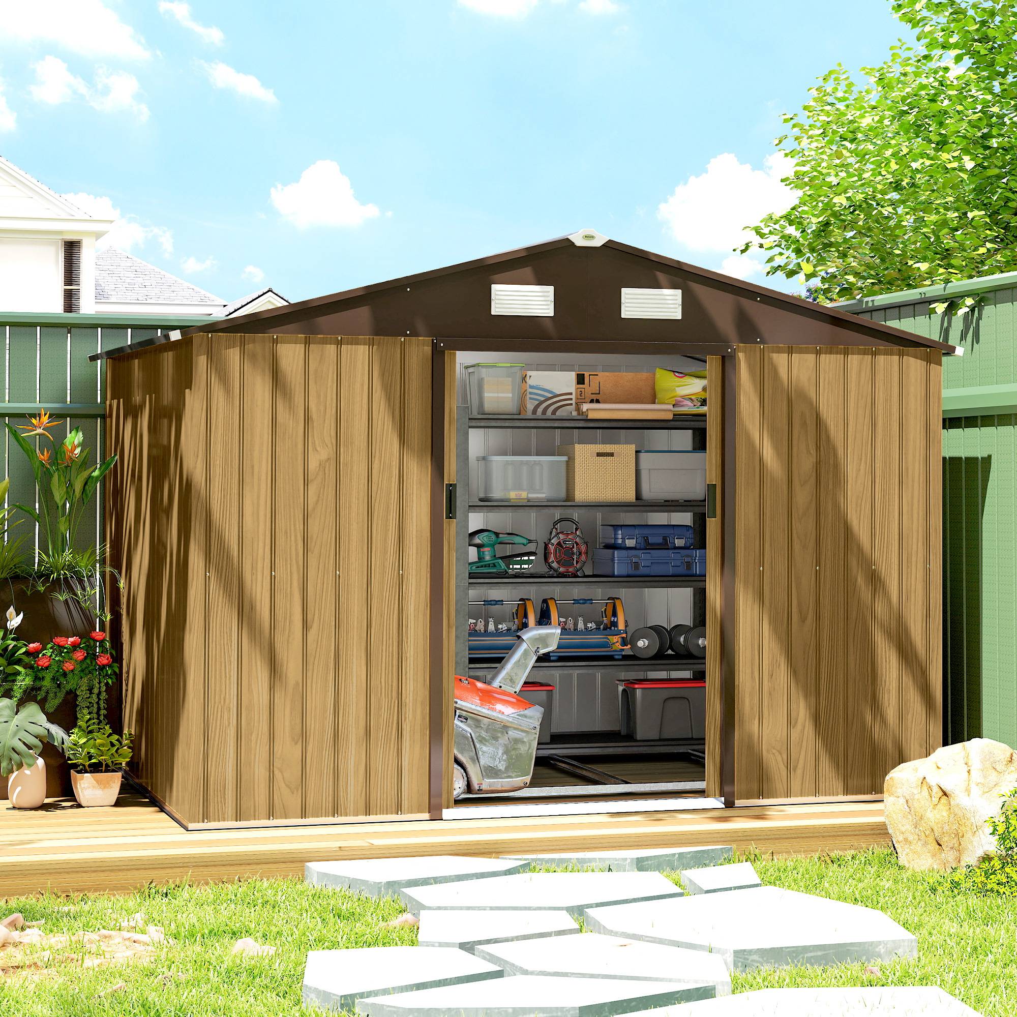 Abri de jardin extérieur 4,9 m² (277 x 195 x 192 cm) avec porte coulissante, ventilation et kit de fondation, couleur marron. - Image 3