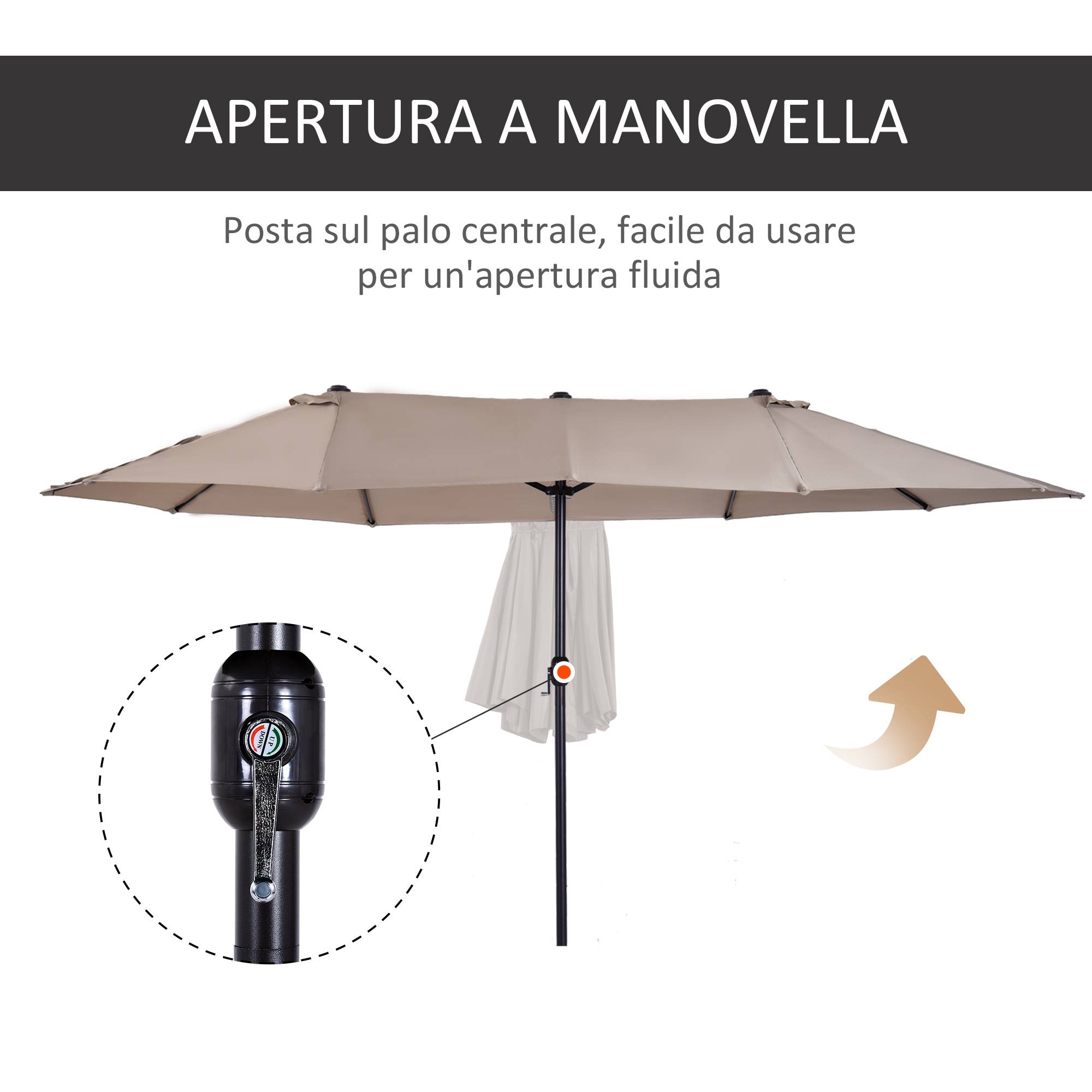 Parasol de jardin double avec ouverture à manivelle, en acier et polyester, 455x265x238 cm - Image 7