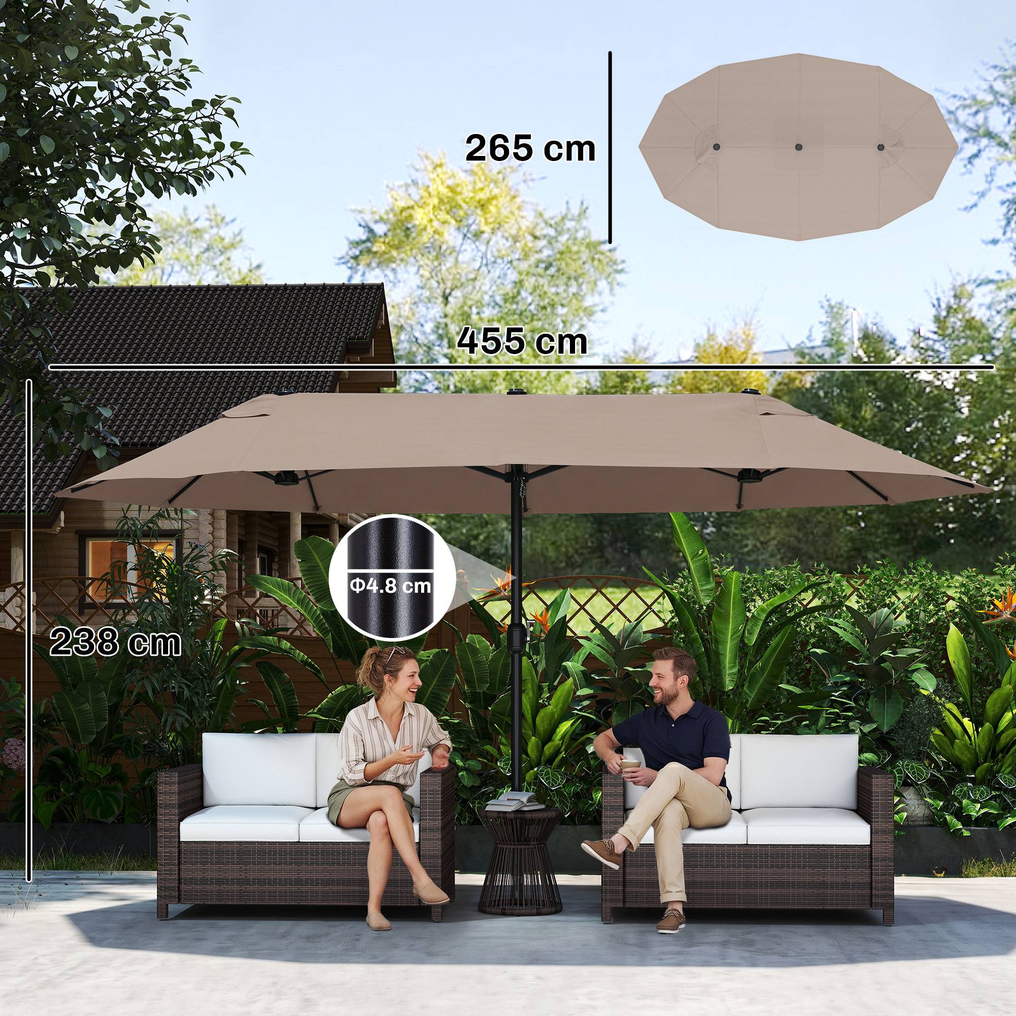 Parasol de jardin double avec ouverture à manivelle, en acier et polyester, 455x265x238 cm - Image 5
