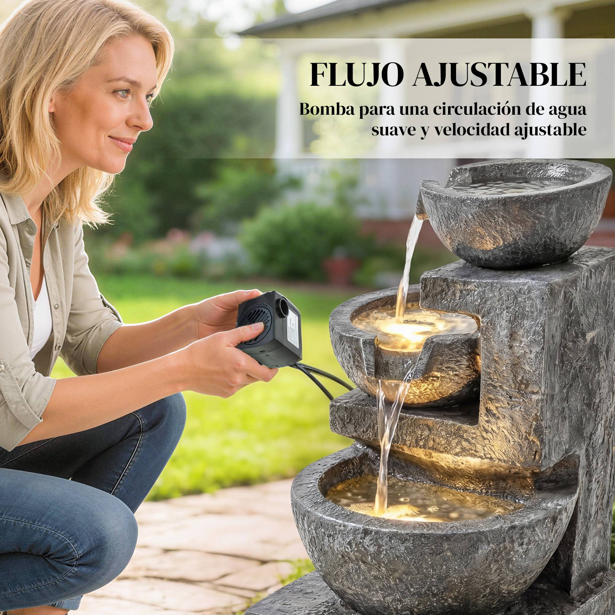 Fontaine de cascade résine jardin 3 niveaux éclairage LED pompe réglable multicolore - ComfortXL Outdoor Living - Image 7