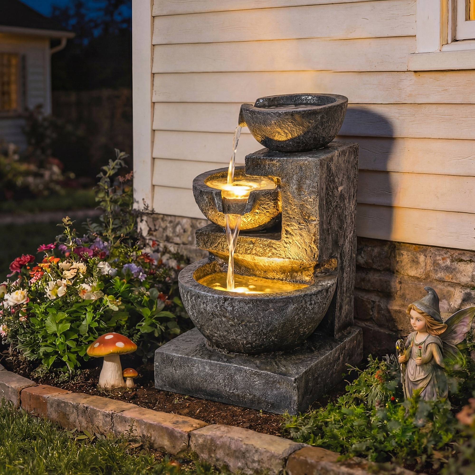 Fontaine de cascade résine jardin 3 niveaux éclairage LED pompe réglable multicolore - ComfortXL Outdoor Living - Image 3