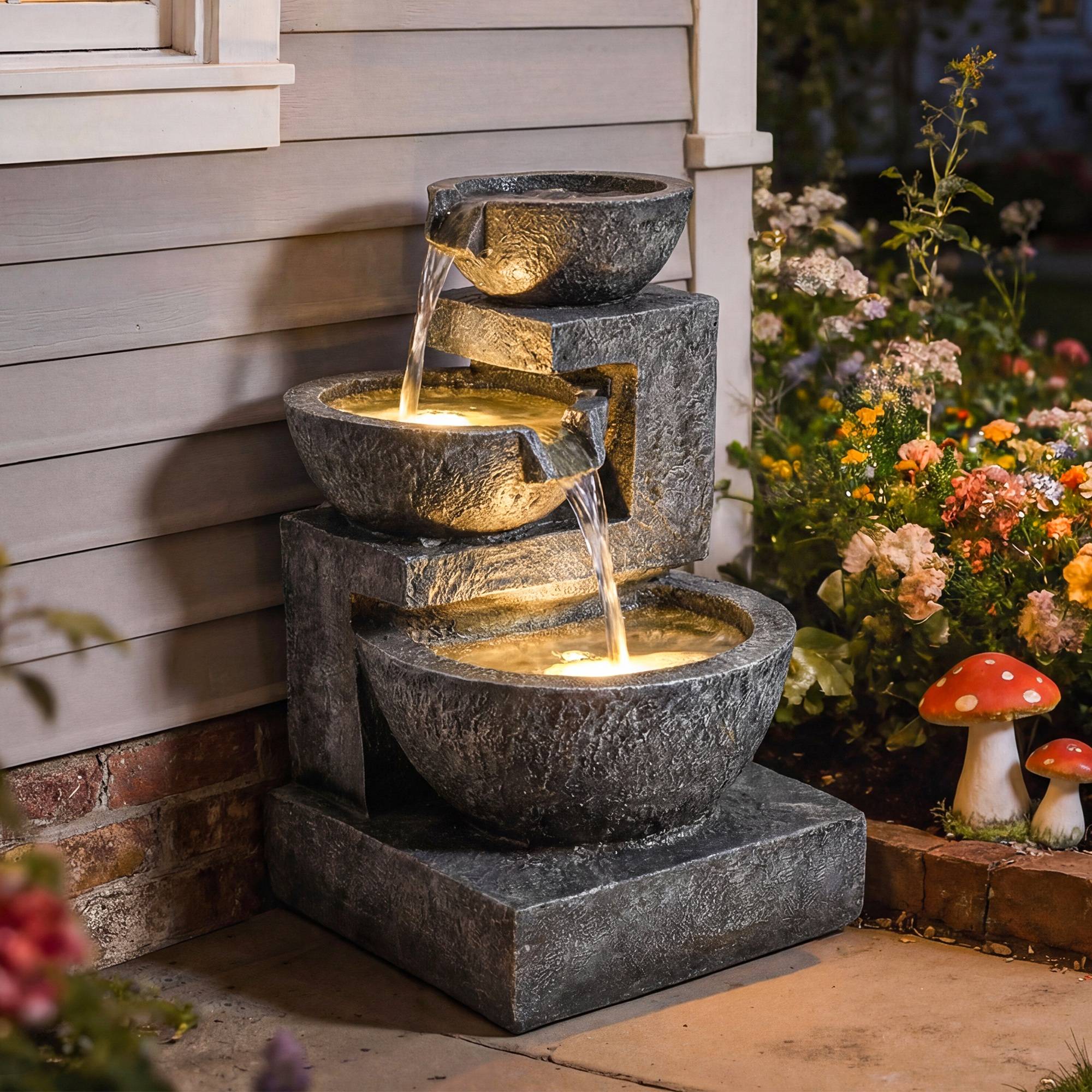 Fontaine de cascade résine jardin 3 niveaux éclairage LED pompe réglable multicolore - ComfortXL Outdoor Living - Image 4