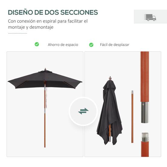 Parasol Droit Rectangulaire Mât Bois Jardin Terrasse Inclinable 200x150 cm Gris Foncé - ComfortXL Outdoor Living - Image 9