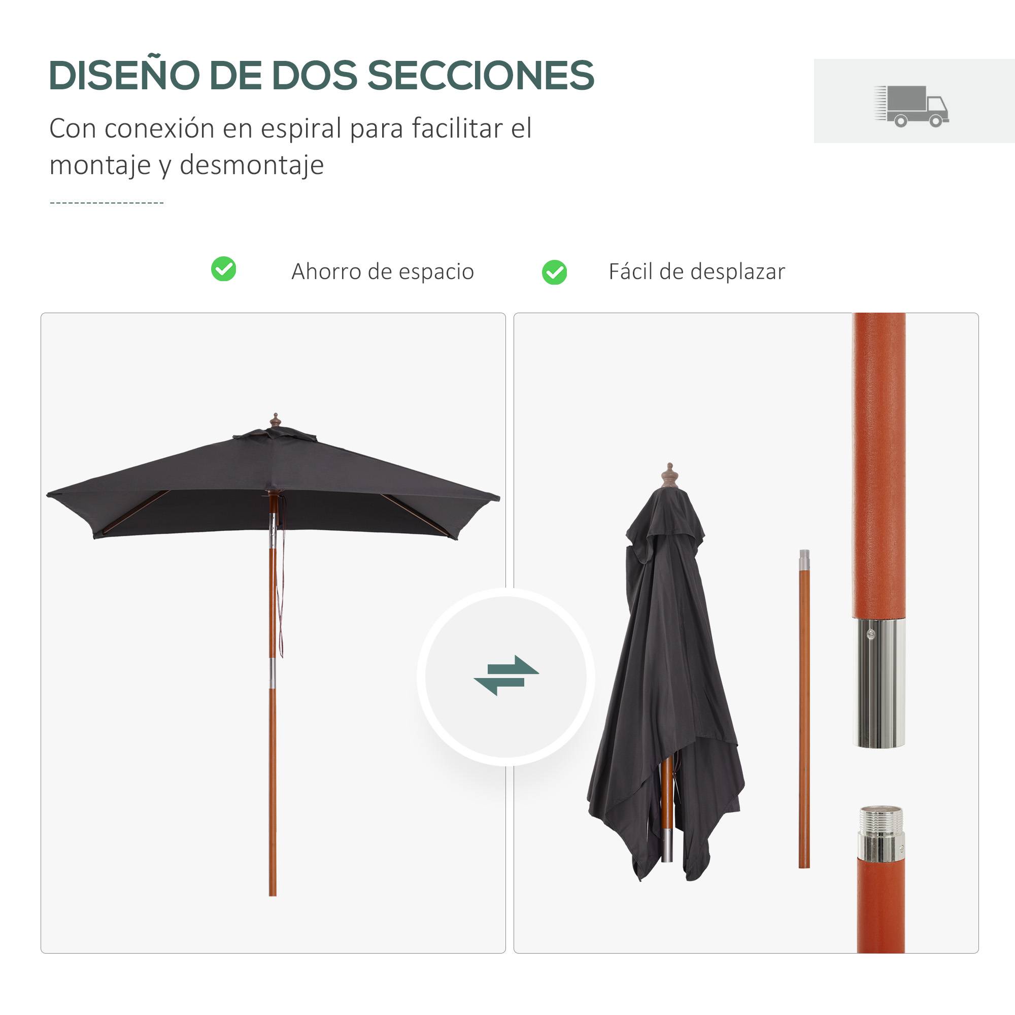 Parasol Droit Rectangulaire Mât Bois Jardin Terrasse Inclinable 200x150 cm Gris Foncé - ComfortXL Outdoor Living - Image 9