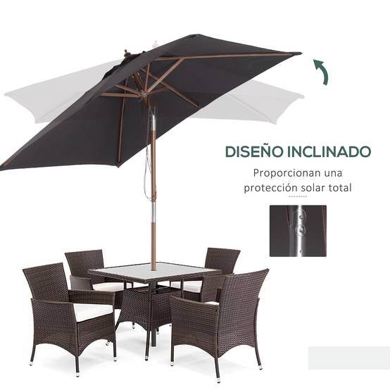 Parasol Droit Rectangulaire Mât Bois Jardin Terrasse Inclinable 200x150 cm Gris Foncé - ComfortXL Outdoor Living - Image 6