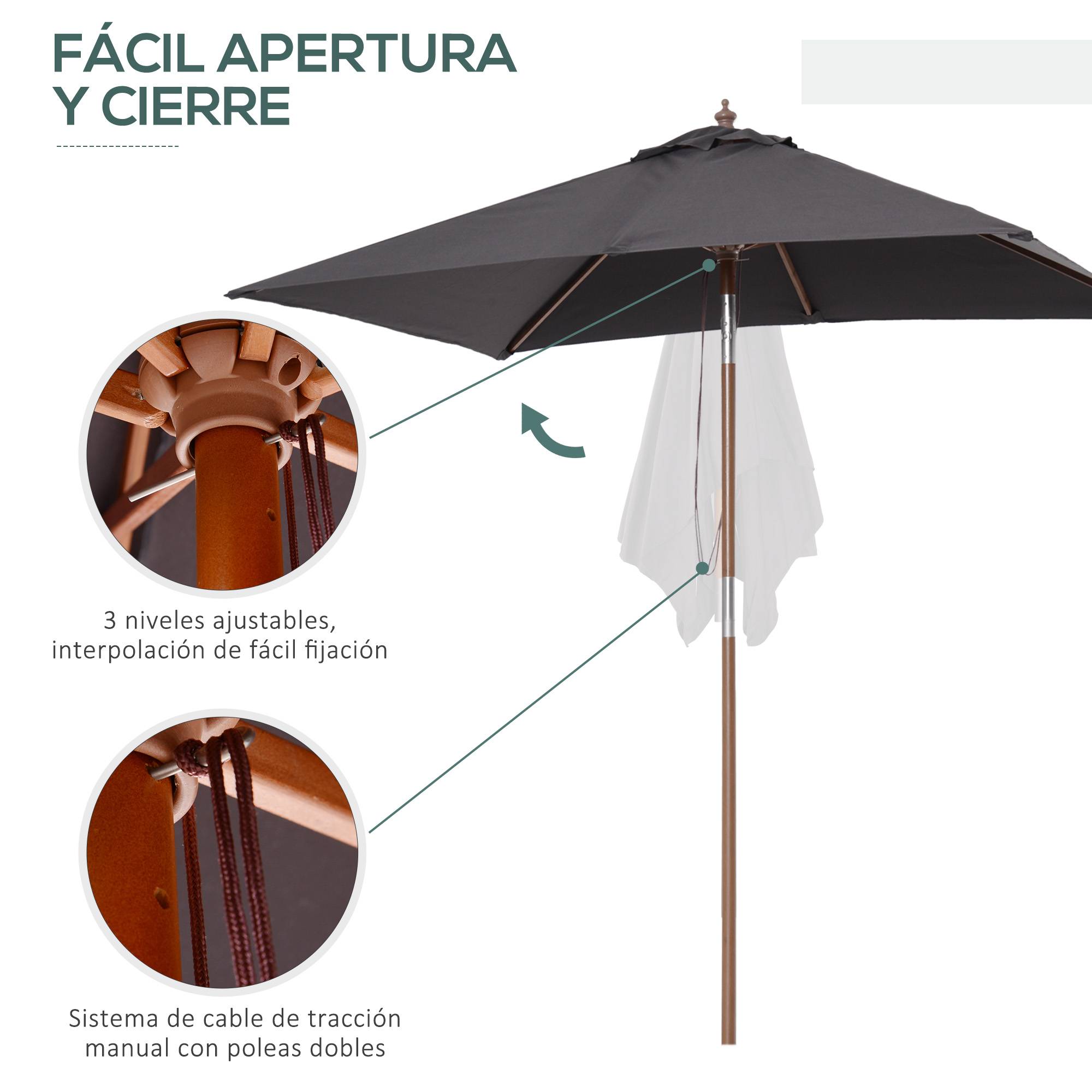 Parasol Droit Rectangulaire Mât Bois Jardin Terrasse Inclinable 200x150 cm Gris Foncé - ComfortXL Outdoor Living - Image 8