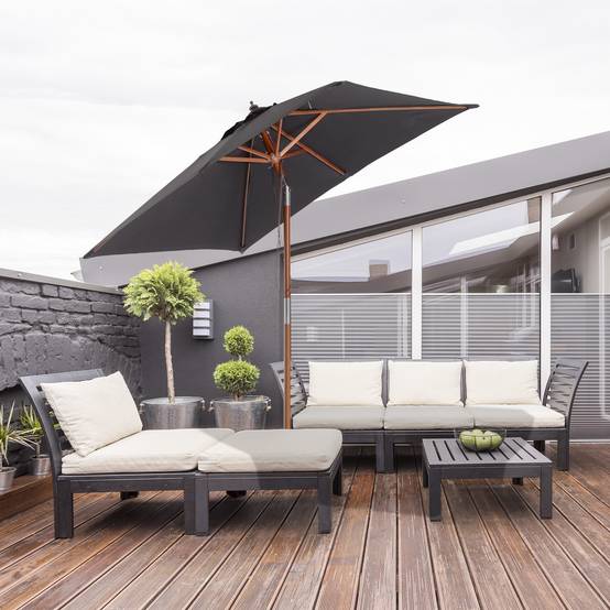 Parasol Droit Rectangulaire Mât Bois Jardin Terrasse Inclinable 200x150 cm Gris Foncé - ComfortXL Outdoor Living - Image 3