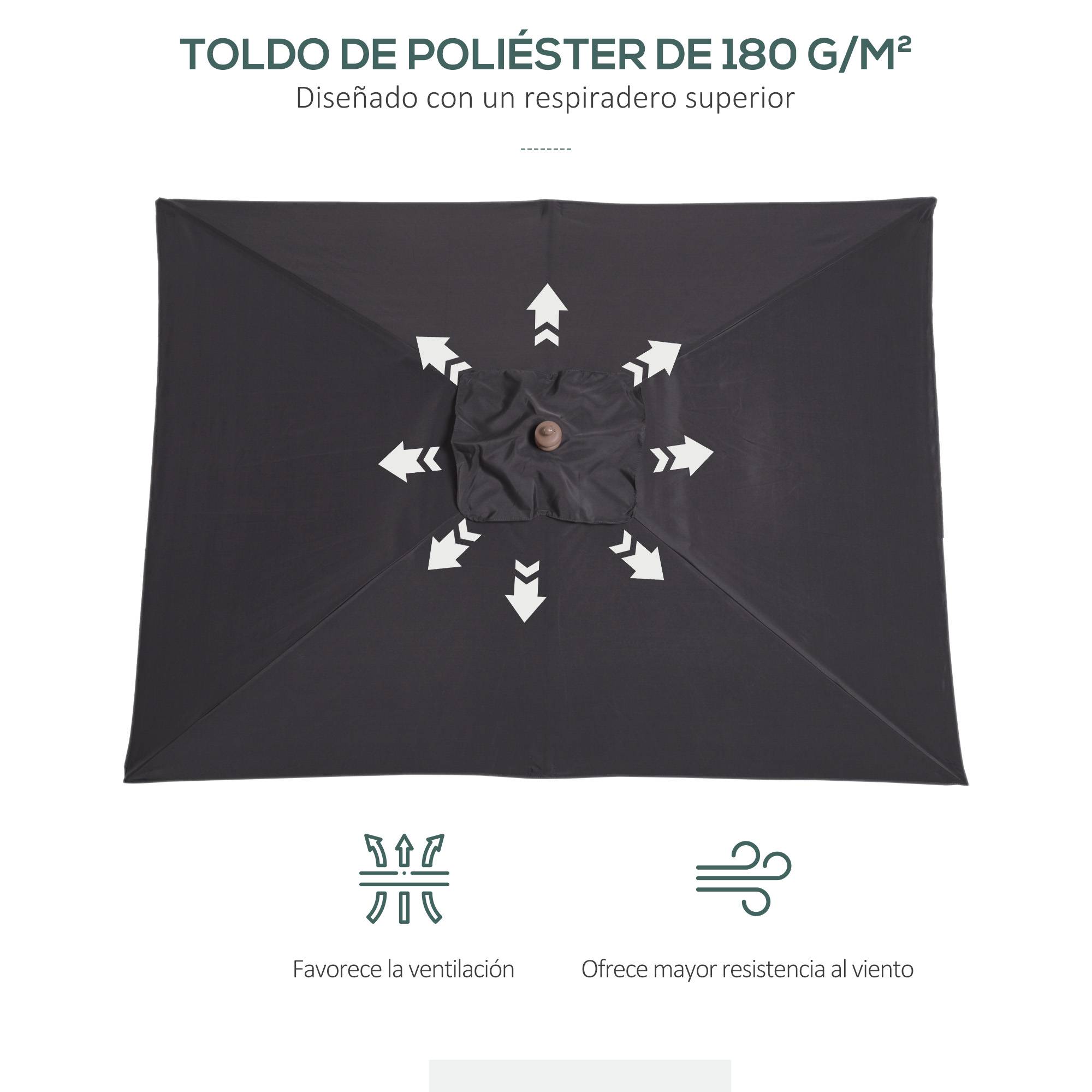 Parasol Droit Rectangulaire Mât Bois Jardin Terrasse Inclinable 200x150 cm Gris Foncé - ComfortXL Outdoor Living - Image 7