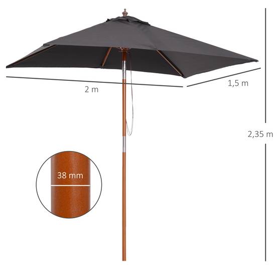 Parasol Droit Rectangulaire Mât Bois Jardin Terrasse Inclinable 200x150 cm Gris Foncé - ComfortXL Outdoor Living - Image 5