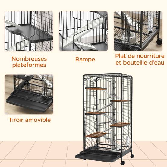 Cage chinchilla métal furet intérieur 5 niveaux roulante 61x44x131cm noir - ComfortXL Outdoor Living - Image 8
