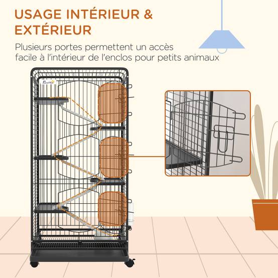 Cage chinchilla métal furet intérieur 5 niveaux roulante 61x44x131cm noir - ComfortXL Outdoor Living - Image 9