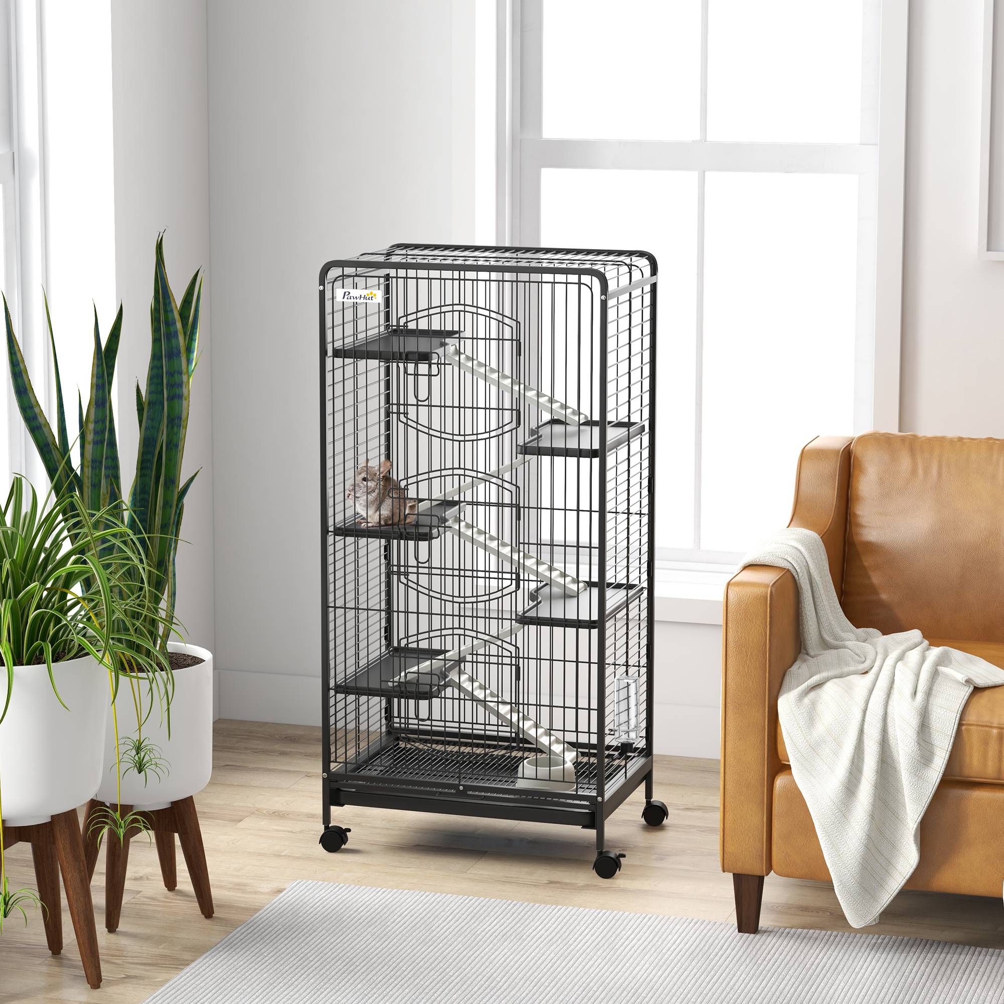 Cage chinchilla métal furet intérieur 5 niveaux roulante 61x44x131cm noir - ComfortXL Outdoor Living - Image 3
