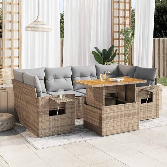 Salon de jardin 7 pcs beige résine tressée avec table en bois et assises de rangement – ComfortXL Outdoor Living - Image 1