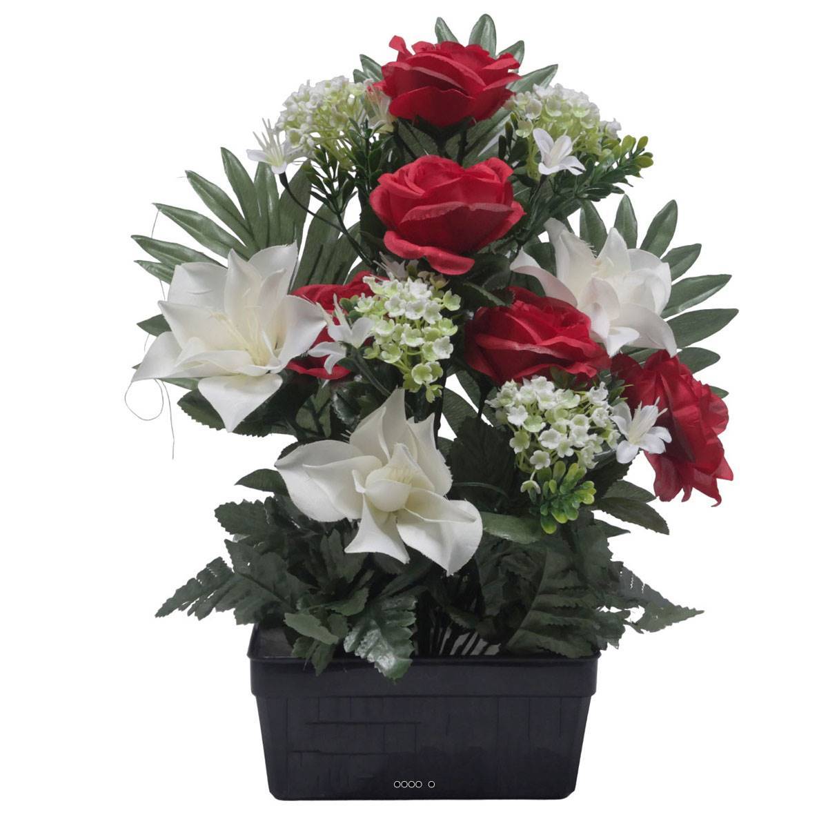 Artificielles - Jardinière fleurs artificielles Rose, Gardenia et mini fleurs Rouge pour la Toussaint - couleur: Rouge 755 - Imagen 1