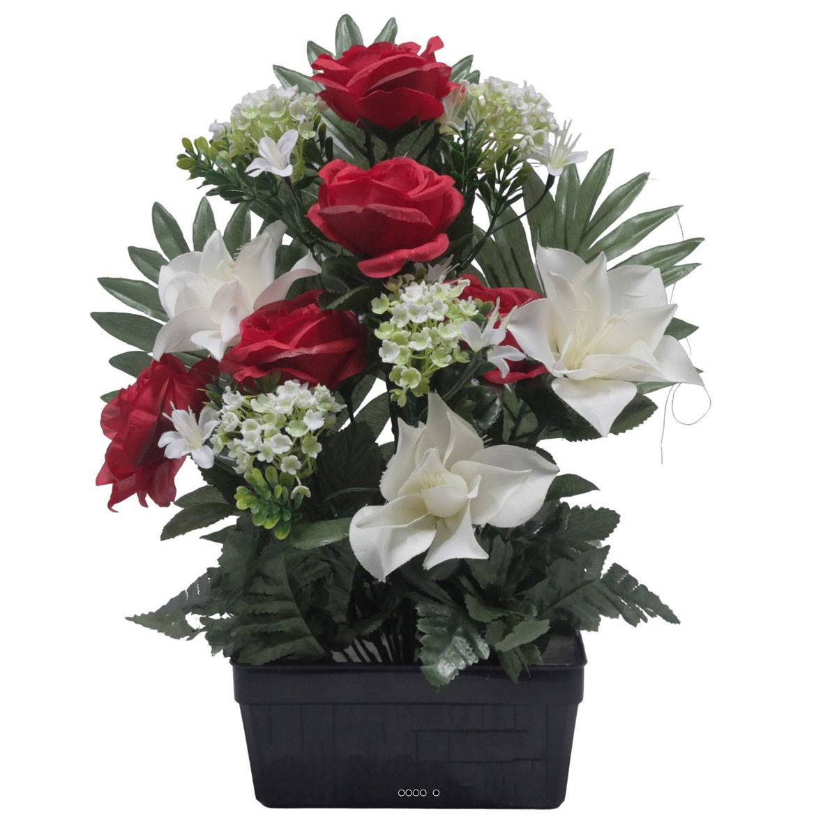 Artificielles - Jardinière fleurs artificielles Rose, Gardenia et mini fleurs Rouge pour la Toussaint - couleur: Rouge 755 - Imagen 2
