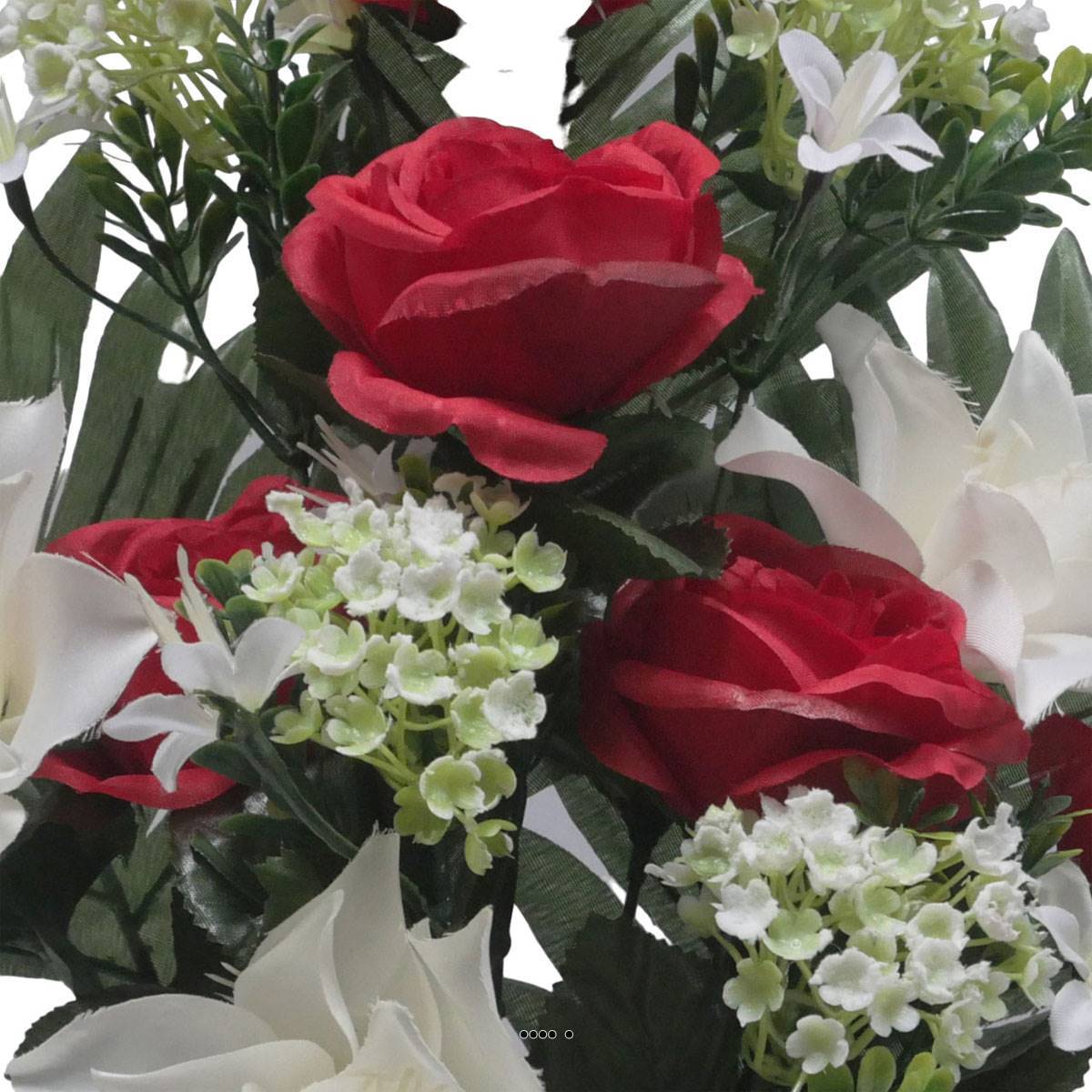 Artificielles - Jardinière fleurs artificielles Rose, Gardenia et mini fleurs Rouge pour la Toussaint - couleur: Rouge 755 - Imagen 3