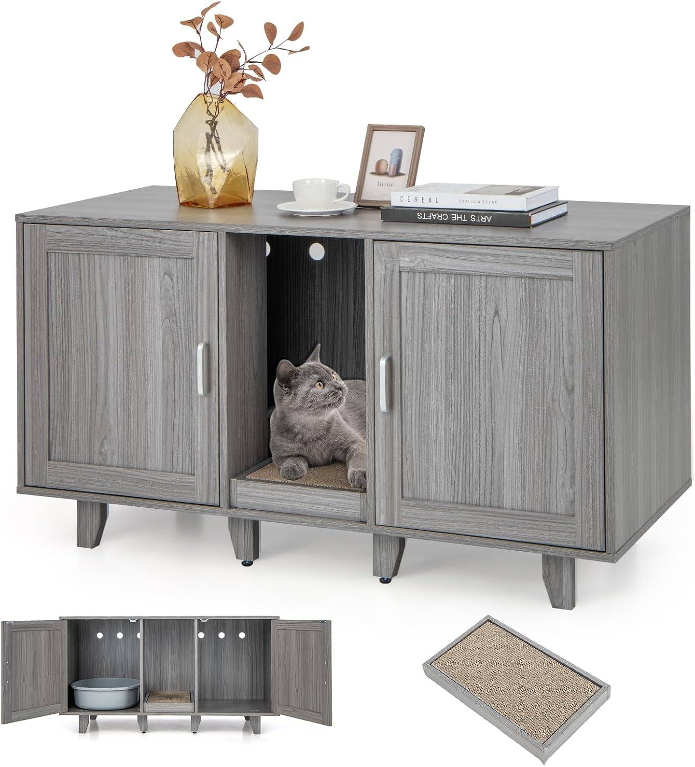 COSTWAY Maison de Toilettes pour Chat à Double Portes, Meuble à Litière en Bois avec Griffoir, Meuble TV pour Litière Cachée de Chat, Chêne Gris - Image 1