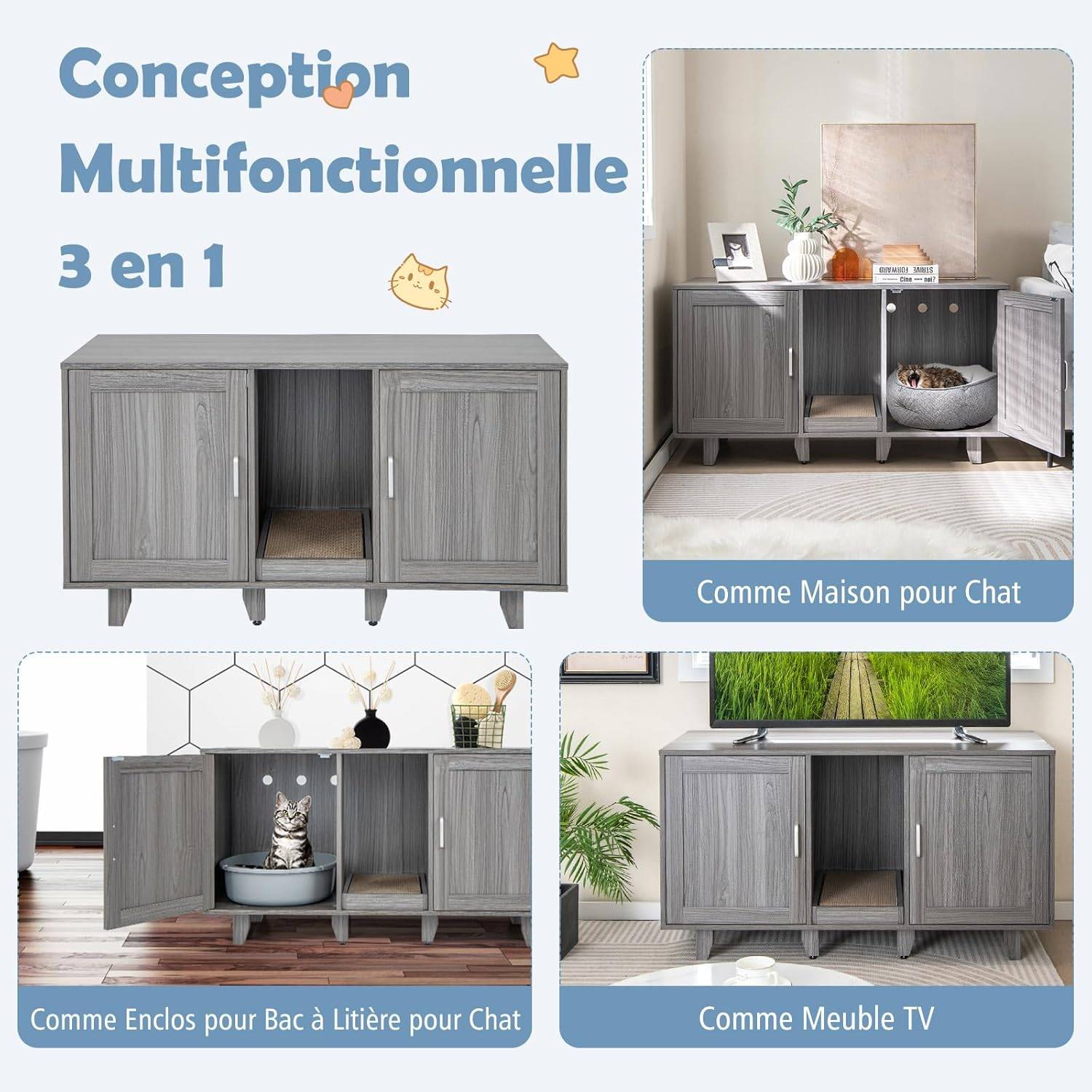 COSTWAY Maison de Toilettes pour Chat à Double Portes, Meuble à Litière en Bois avec Griffoir, Meuble TV pour Litière Cachée de Chat, Chêne Gris - Image 4