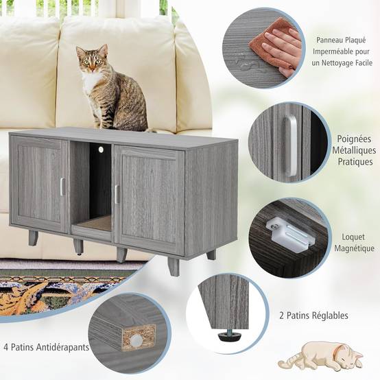COSTWAY Maison de Toilettes pour Chat à Double Portes, Meuble à Litière en Bois avec Griffoir, Meuble TV pour Litière Cachée de Chat, Chêne Gris - Image 9