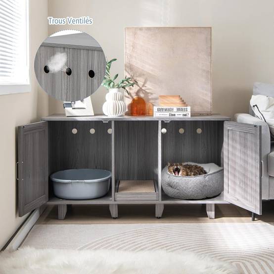 COSTWAY Maison de Toilettes pour Chat à Double Portes, Meuble à Litière en Bois avec Griffoir, Meuble TV pour Litière Cachée de Chat, Chêne Gris - Image 3