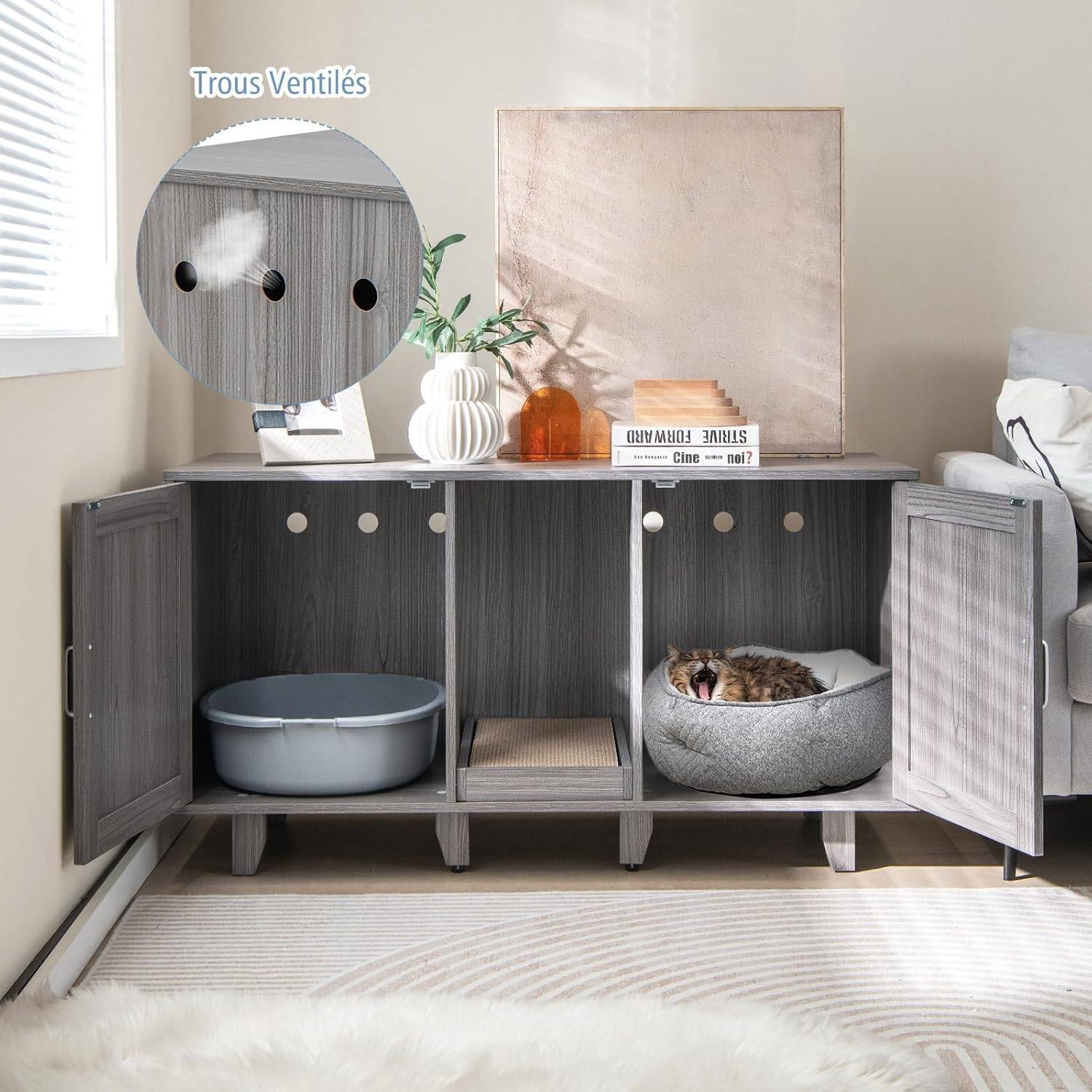 COSTWAY Maison de Toilettes pour Chat à Double Portes, Meuble à Litière en Bois avec Griffoir, Meuble TV pour Litière Cachée de Chat, Chêne Gris - Image 3