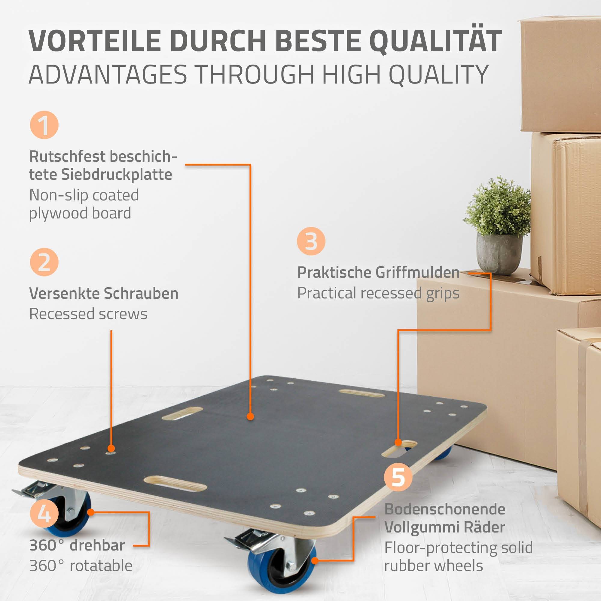 Ecd-Germany - Chariot de transport avec 2 freins 60x80 cm capacité 800 kg plateau contreplaqué antidérapant roulettes en PP idéal pour meubles et déménagement - Imagen 3