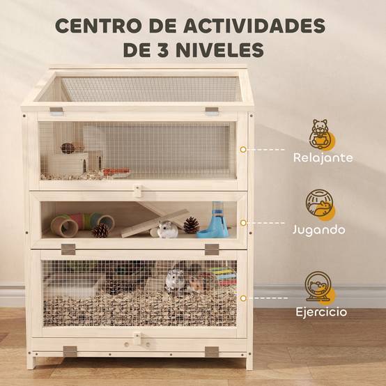 Cage en bois sapin hamster souris 3 niveaux vue transparente 68x61x90cm naturel - ComfortXL Outdoor Living - Image 6