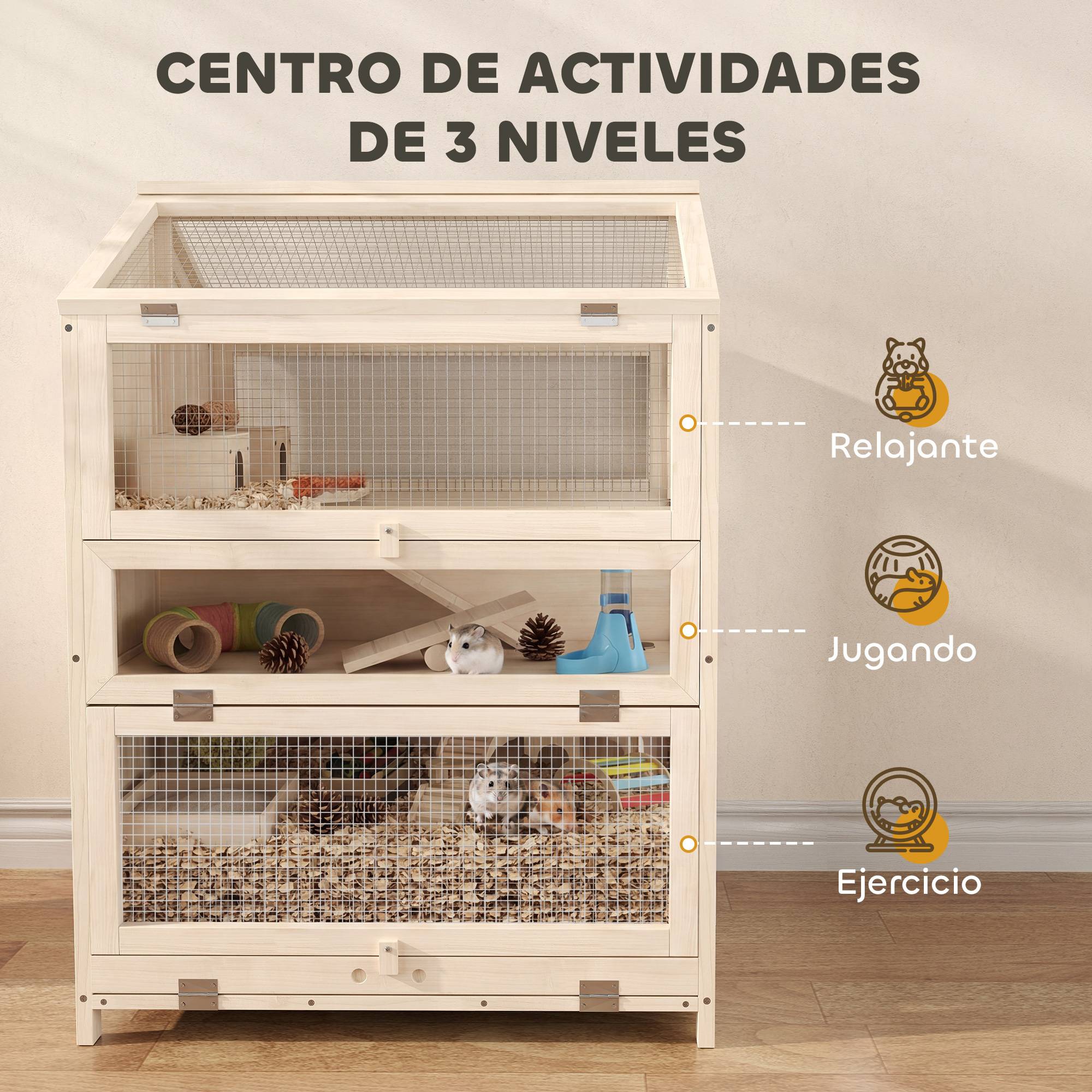 Cage en bois sapin hamster souris 3 niveaux vue transparente 68x61x90cm naturel - ComfortXL Outdoor Living - Image 6