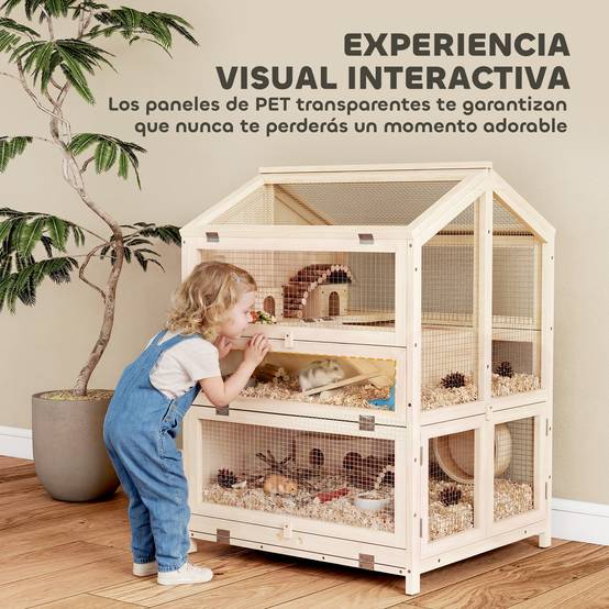 Cage en bois sapin hamster souris 3 niveaux vue transparente 68x61x90cm naturel - ComfortXL Outdoor Living - Image 10