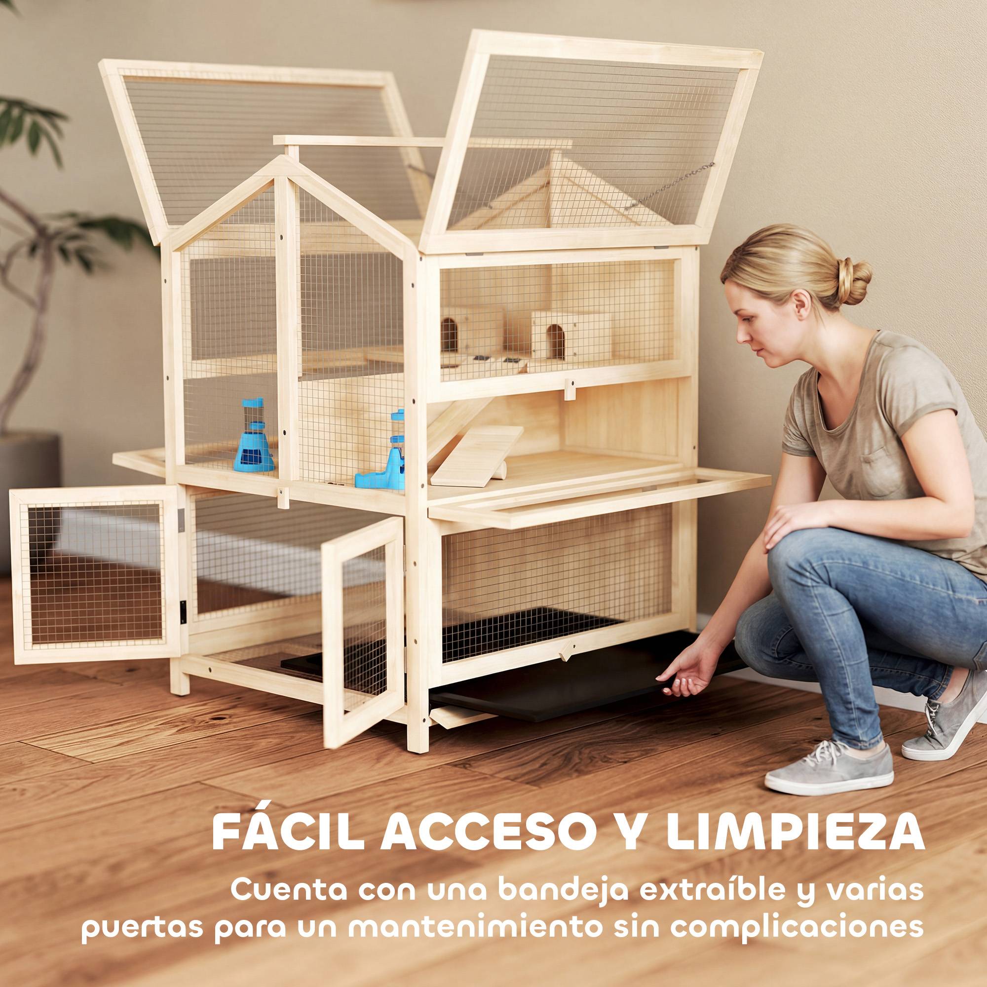 Cage en bois sapin hamster souris 3 niveaux vue transparente 68x61x90cm naturel - ComfortXL Outdoor Living - Image 9