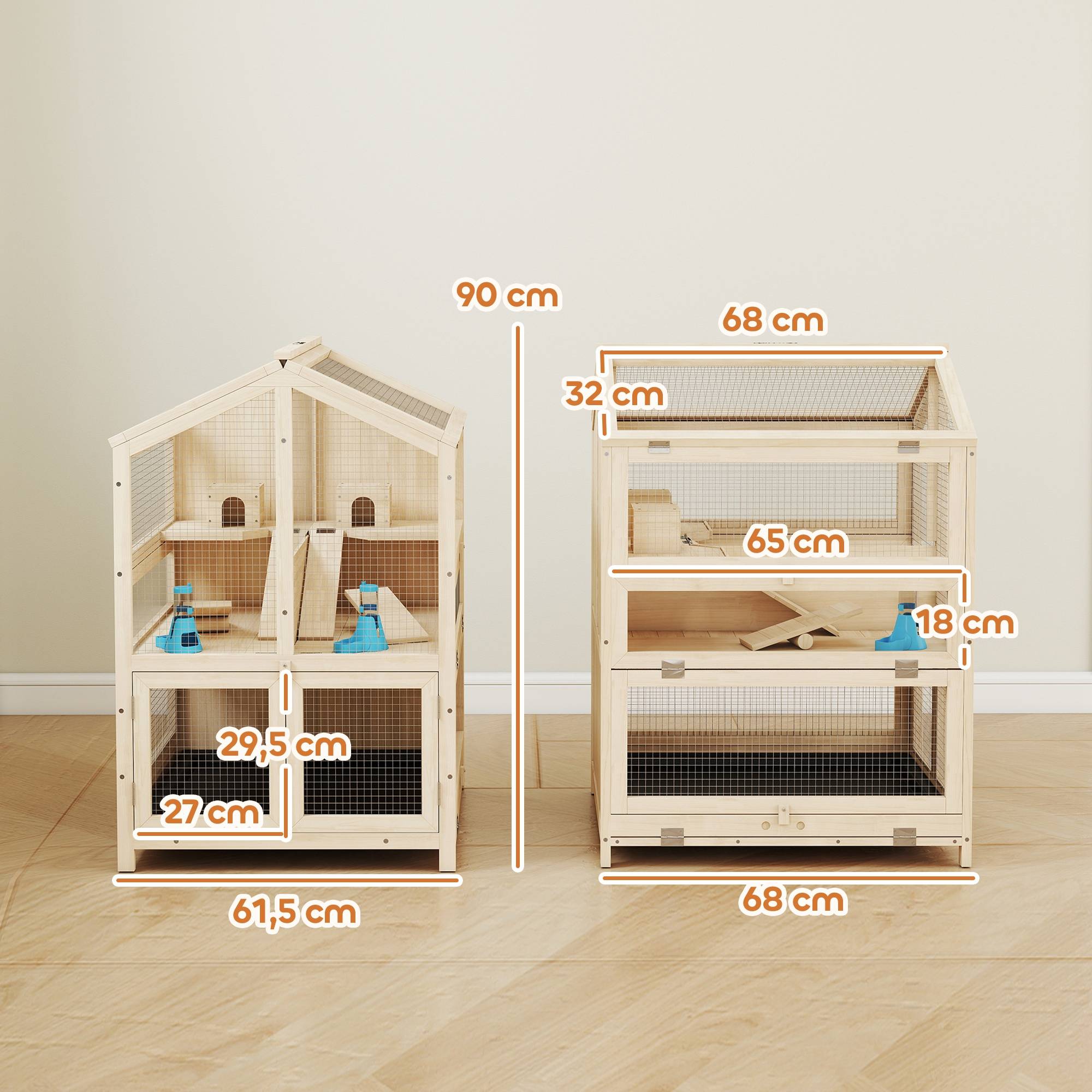 Cage en bois sapin hamster souris 3 niveaux vue transparente 68x61x90cm naturel - ComfortXL Outdoor Living - Image 5