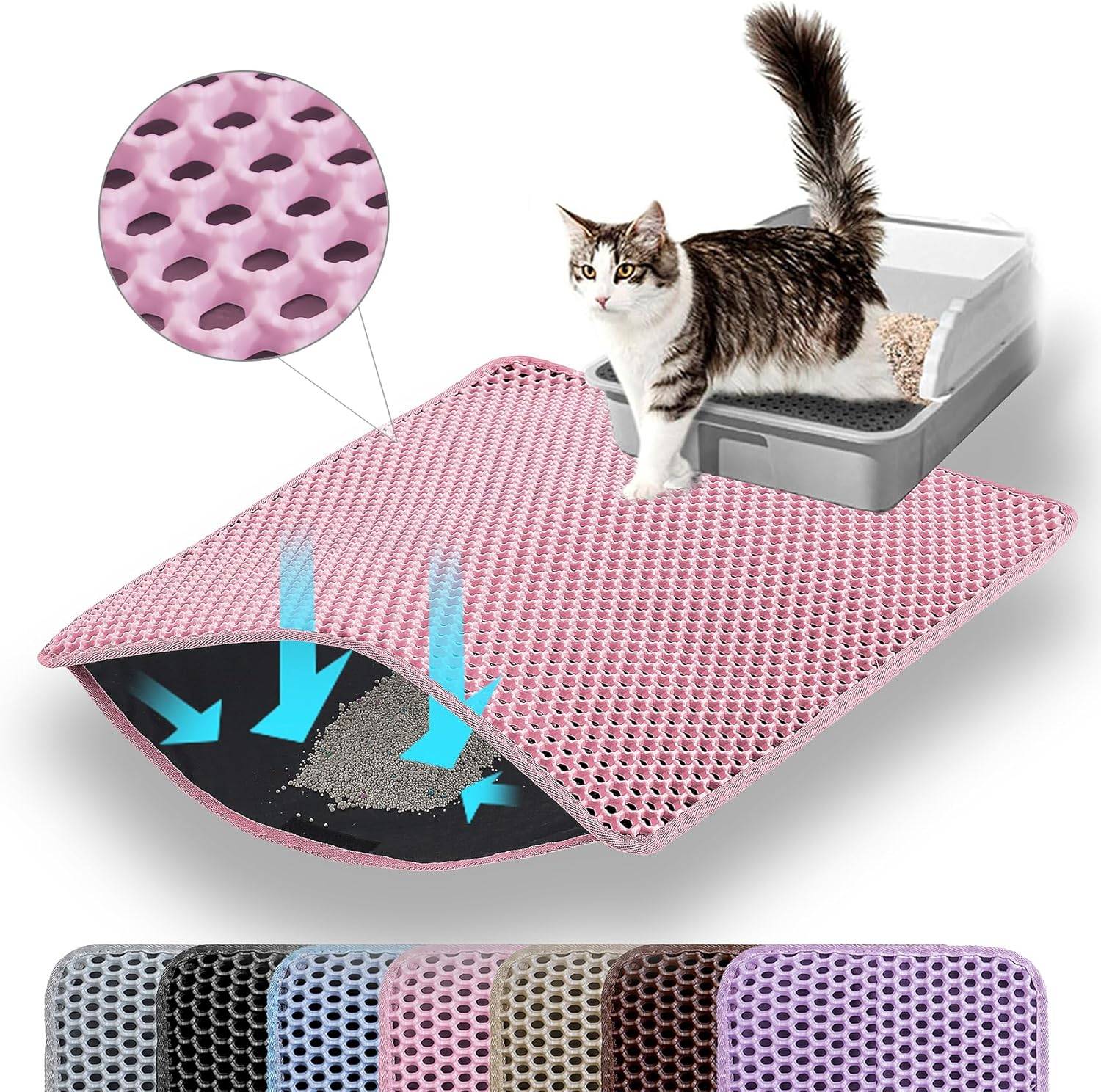 Tapis de litière pour chat, double couche, nid d'abeille, antidérapant, imperméable et anti-urine, accessoire pour chat, 60*90 cm, rose-Lytech - Image 7