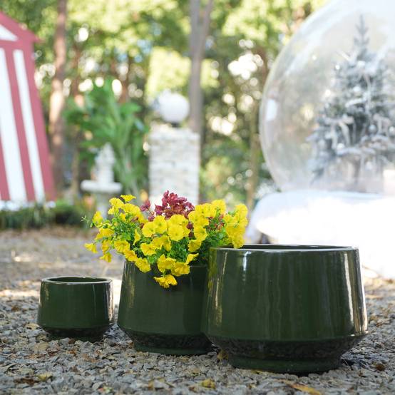 Set de 3 Pots de Fleurs Céramique Intérieur Extérieur Anti-gel Vert Antique - ComfortXL Outdoor Living - Image 2