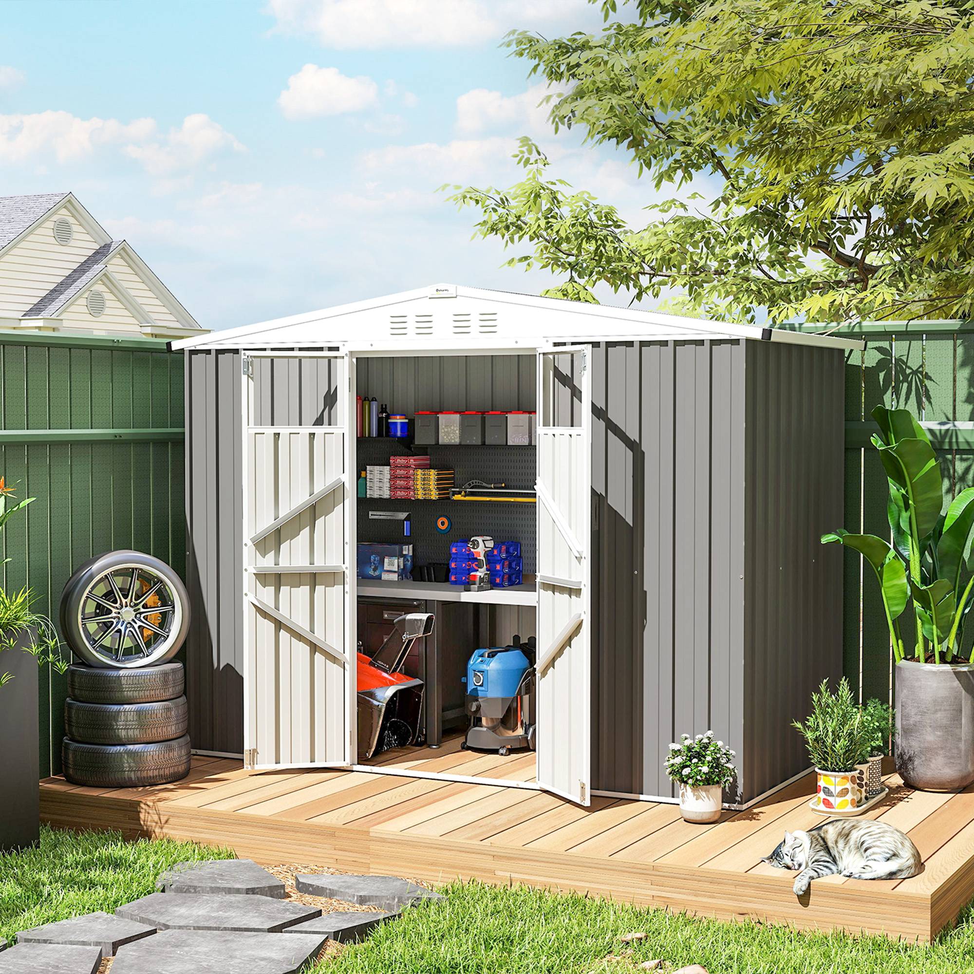 Abri jardin acier galvanisé 2 portes 246x117x180 cm cabanon extérieur rangement outils sécurisé gris clair - Image 4