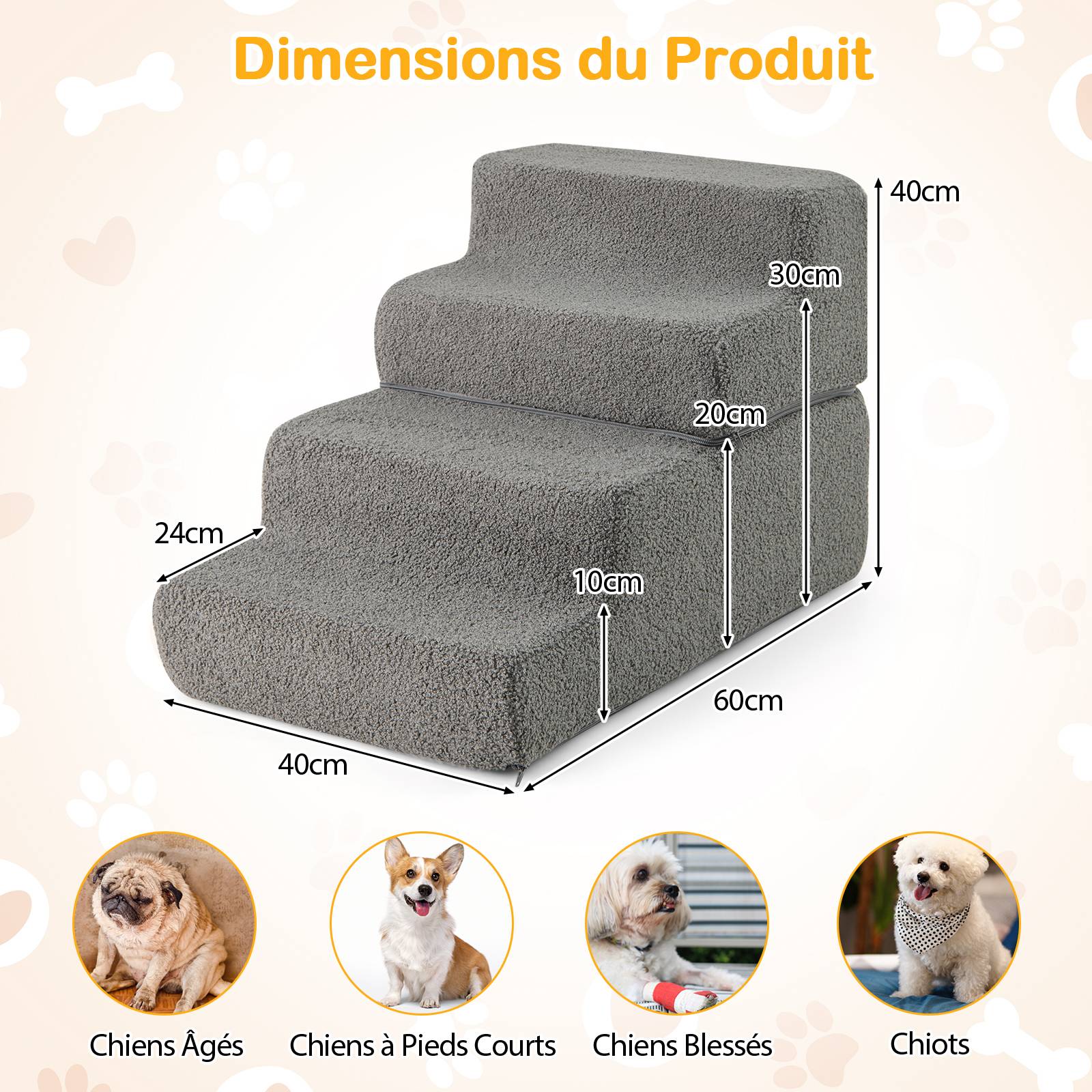 Escalier pour Chien à 4 Marches en Éponge, Escalier pour Animaux Antidérapant avec Housse Amovible Lavable, pour Lit, Canapé, Échelle, Gris - Image 2