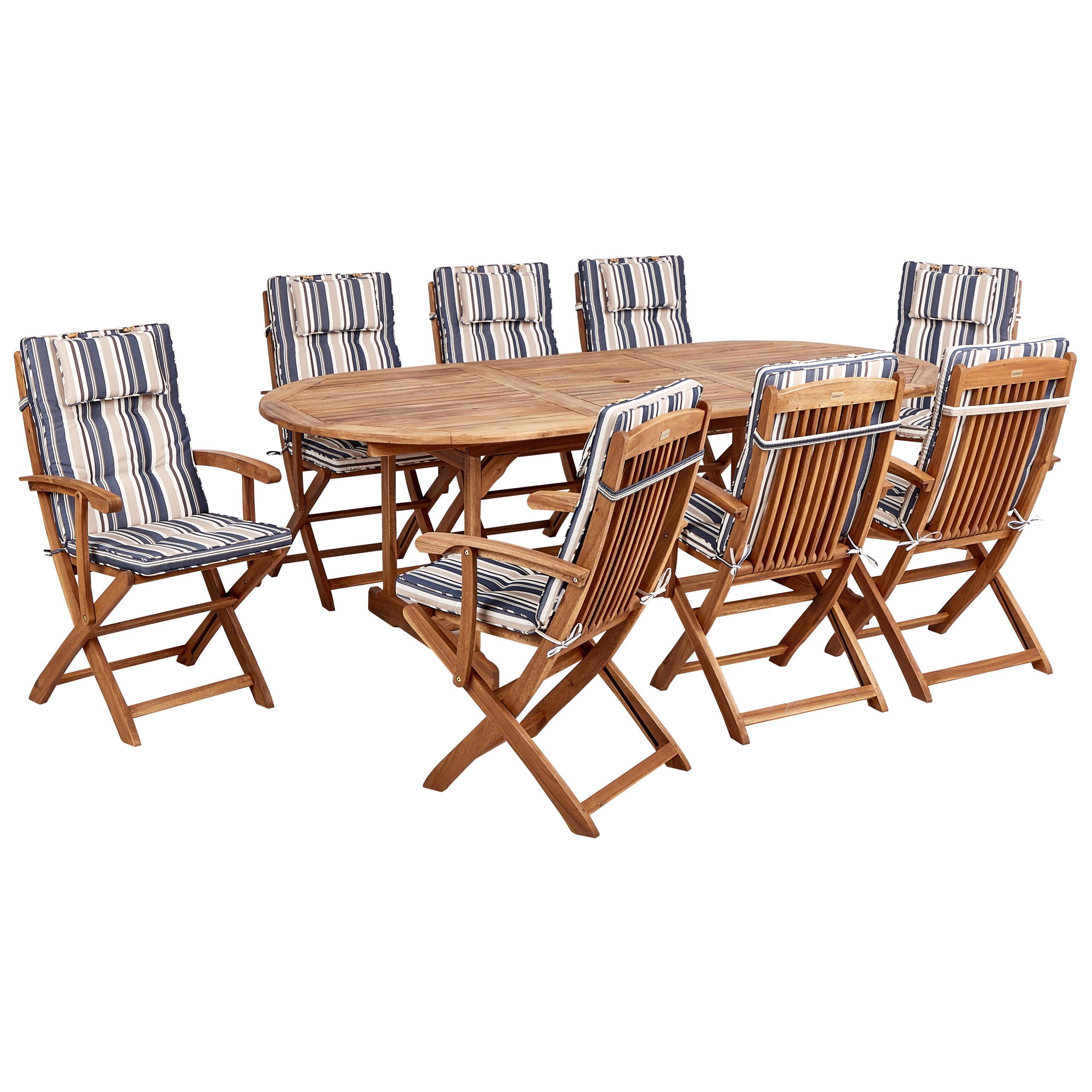 Beliani - Ensemble de Jardin avec Coussins Rayés Bleu en Bois d'Acacia Table et Chaises et Parasol 8 Places Style Rustique - Imagen 4
