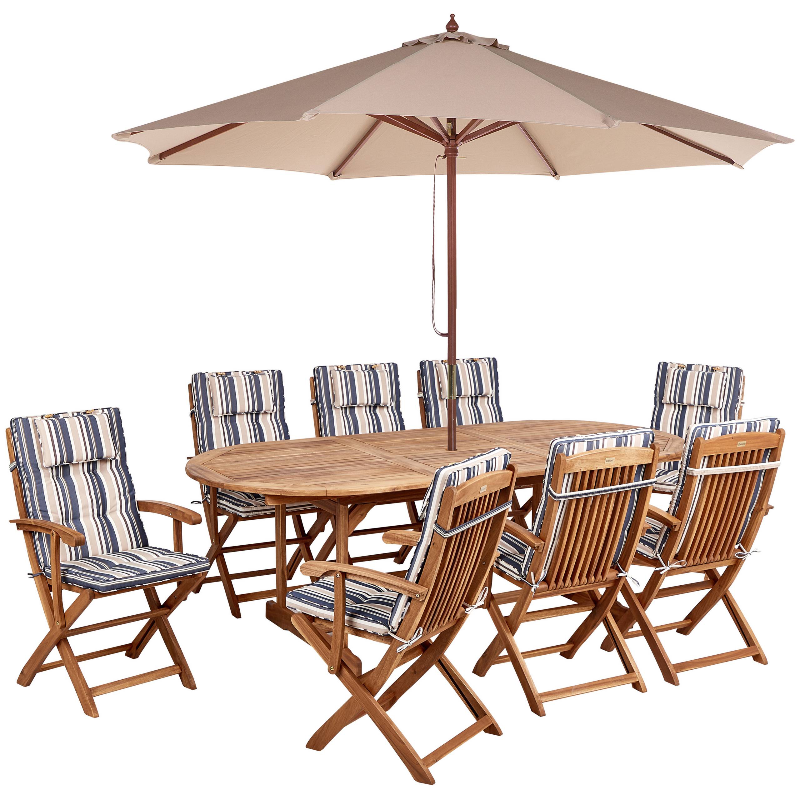 Beliani - Ensemble de Jardin avec Coussins Rayés Bleu en Bois d'Acacia Table et Chaises et Parasol 8 Places Style Rustique - Imagen 1