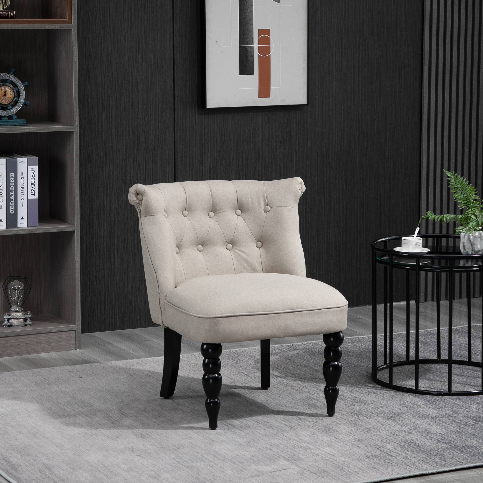 Fauteuil, fauteuil de salon, fauteuil inclinable vintage à pieds en bois, fauteuil de lecture aspect lin, fauteuil rembourré pour chambre, beige - Image 4