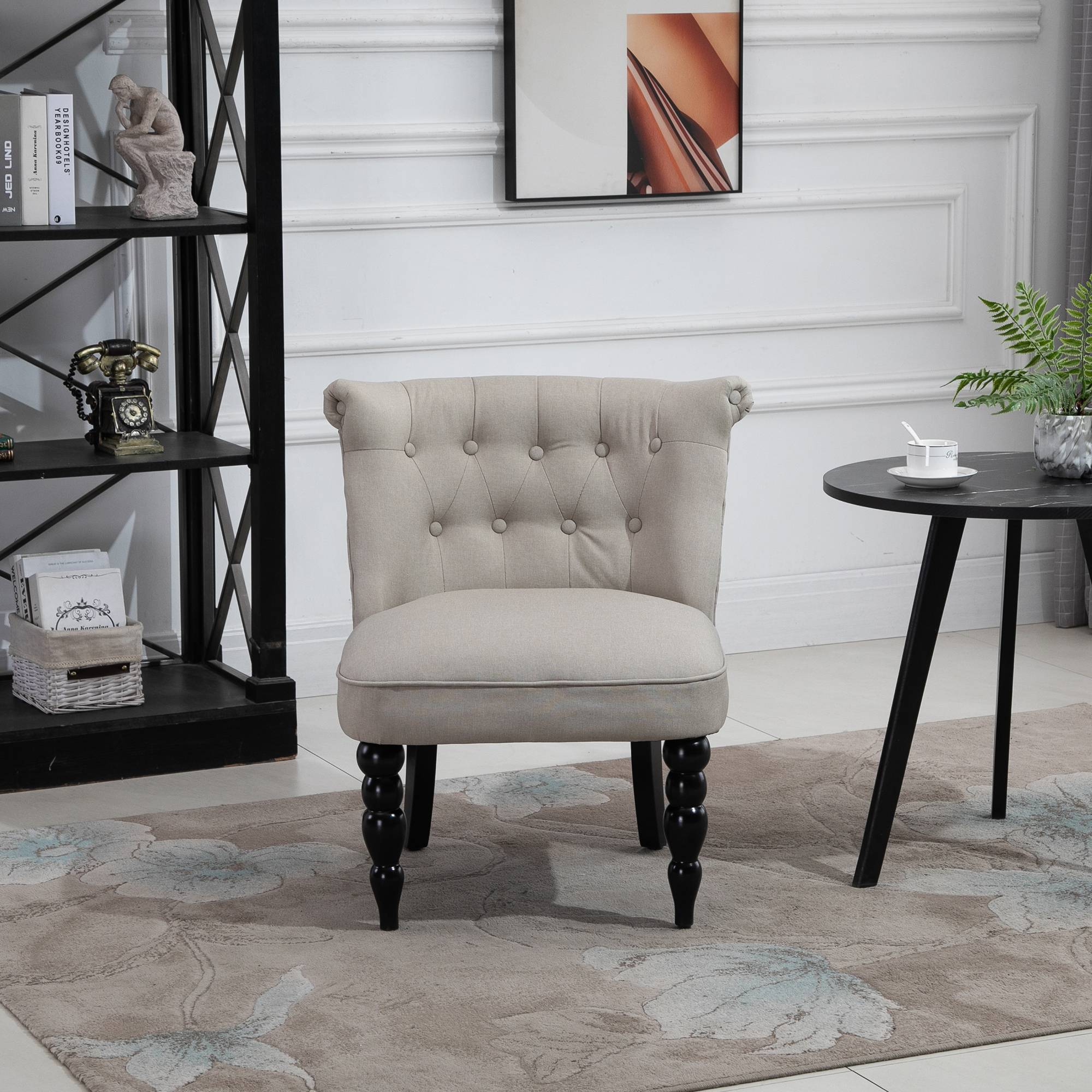 Fauteuil, fauteuil de salon, fauteuil inclinable vintage à pieds en bois, fauteuil de lecture aspect lin, fauteuil rembourré pour chambre, beige - Image 3