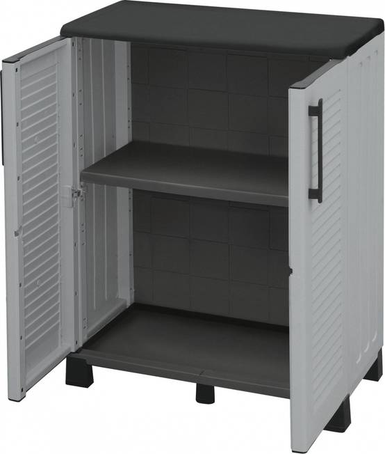 Dmora - Armoire d'extérieur Dbirindell, Armoire de balcon polyvalente, Armoire d'extérieur 2 portes, 68x37h90 cm, Gris clair et noir, Finition rayée - Dmora - Image 6